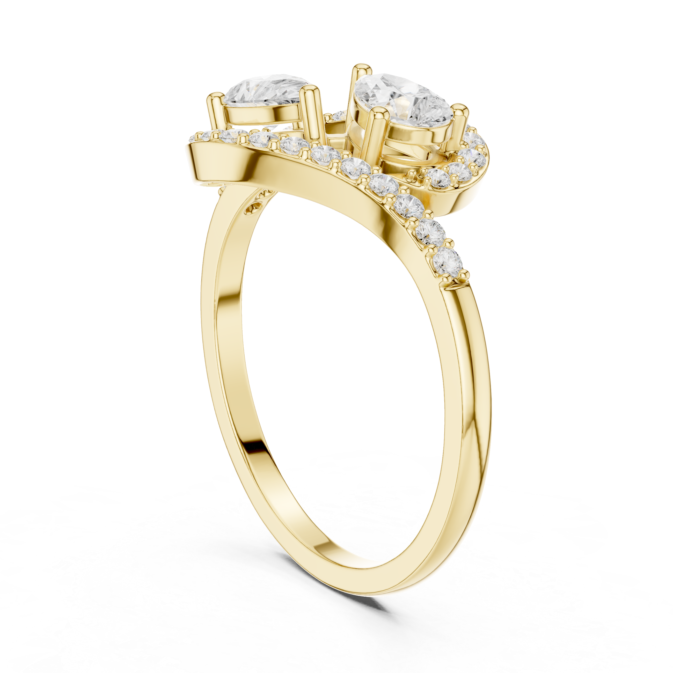 Pear Diamond Bypass Halo Ring with Pavé Diamond Swirl Design