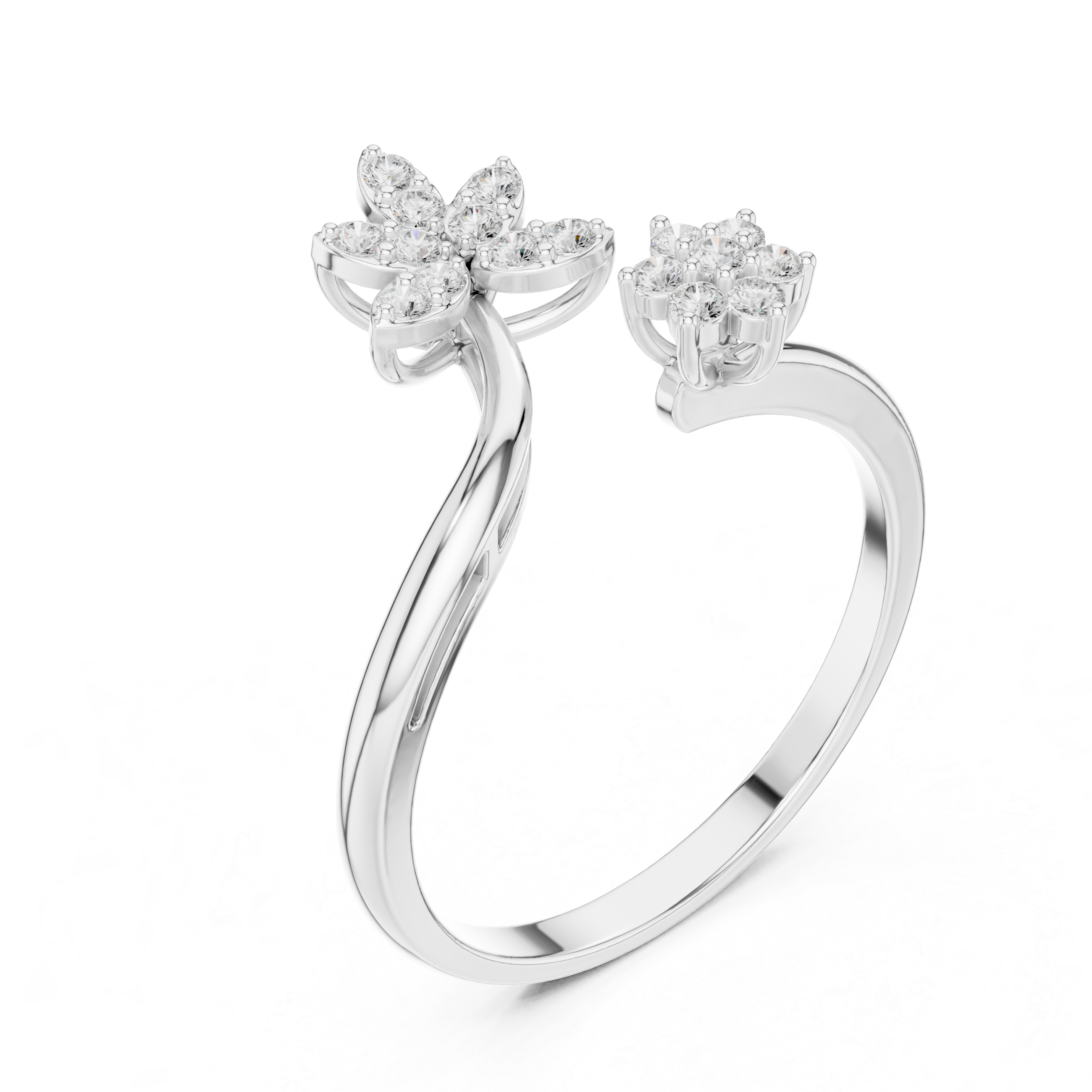 Floral Open Wrap Diamond Ring – Double Flower Cluster Statement Ring