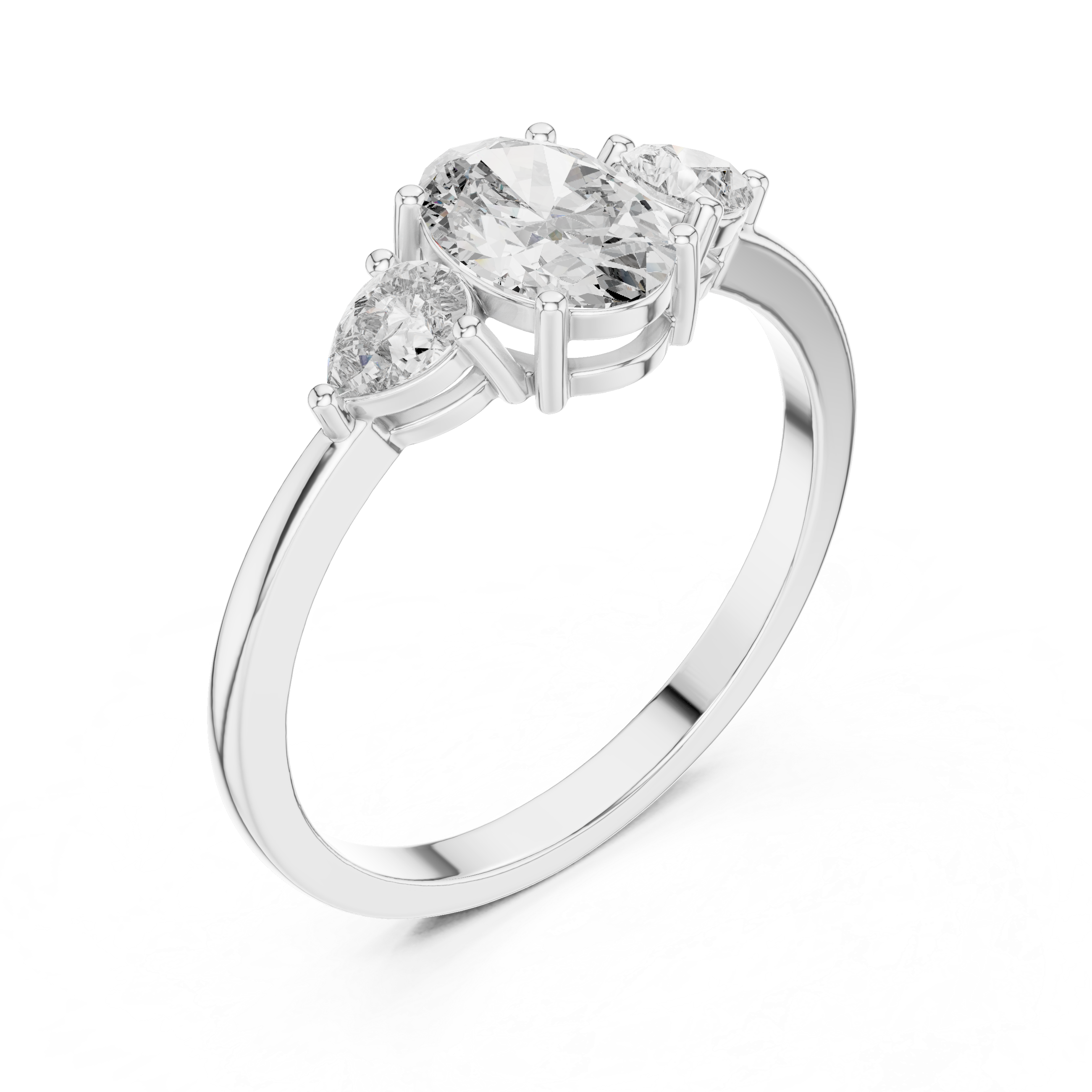 Oval Diamond Three Stone Engagement Ring – Pear Side Stone Solitaire Ring