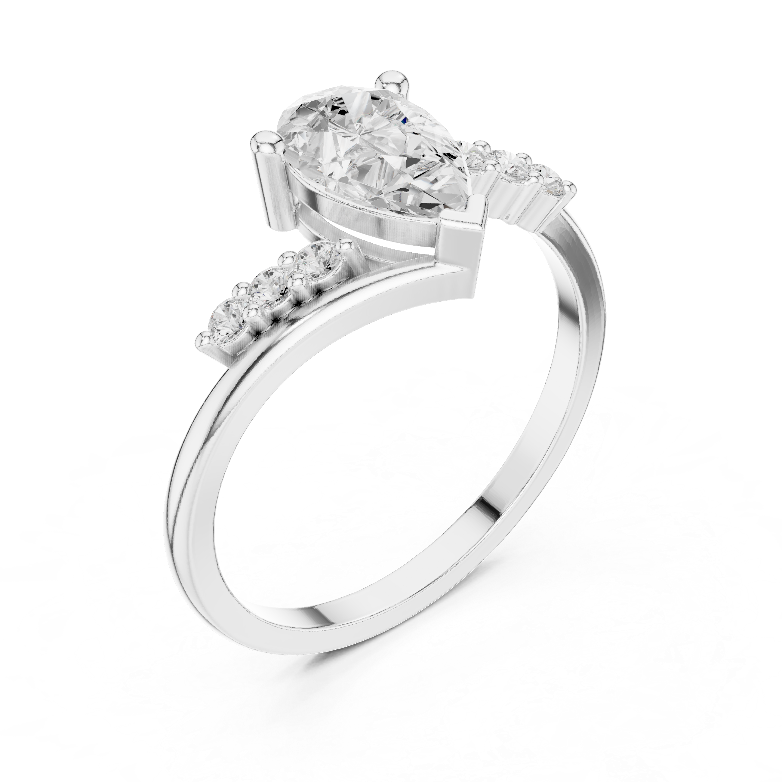 Pear Cut Diamond Engagement Ring – Split Shank Bypass Ring with Side Accent Diamonds
