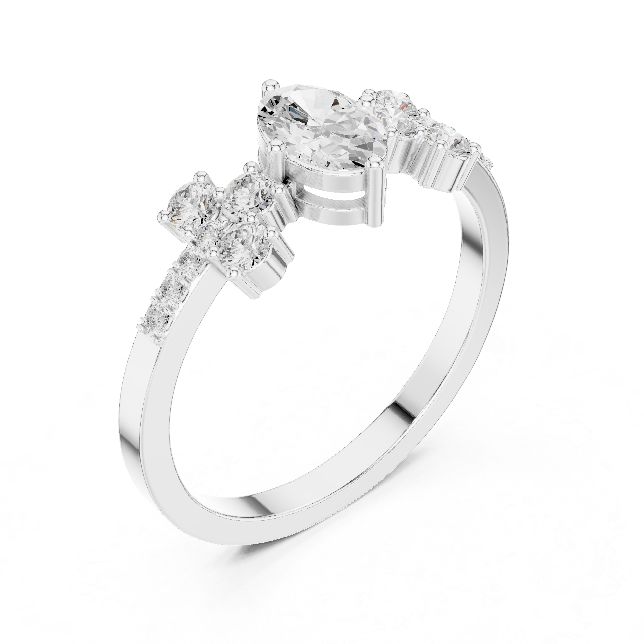 Marquise Diamond Three-Stone Engagement Ring – Floral Side Cluster Ring