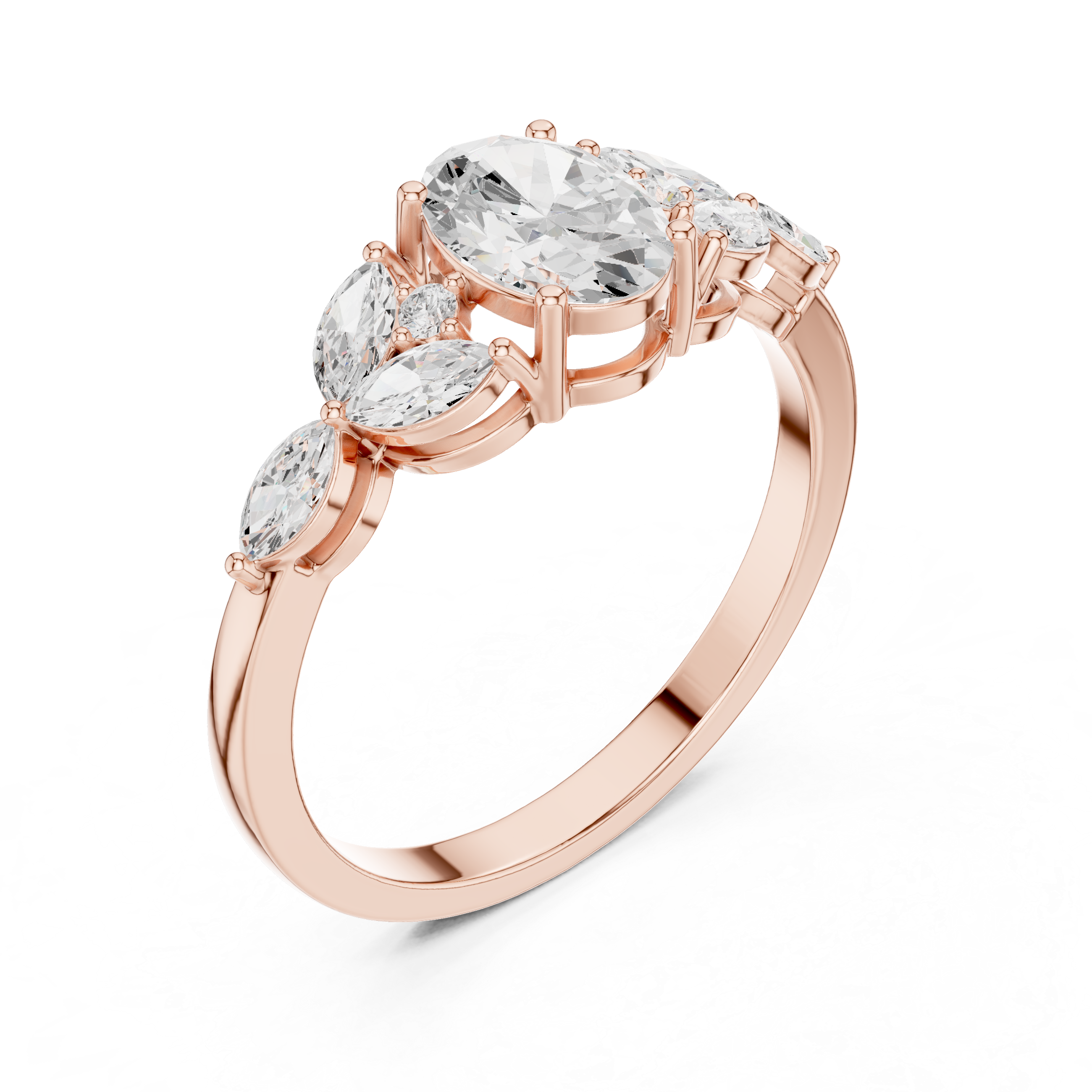 Oval Diamond Floral Cluster Ring – Marquise Side Stone Engagement Ring