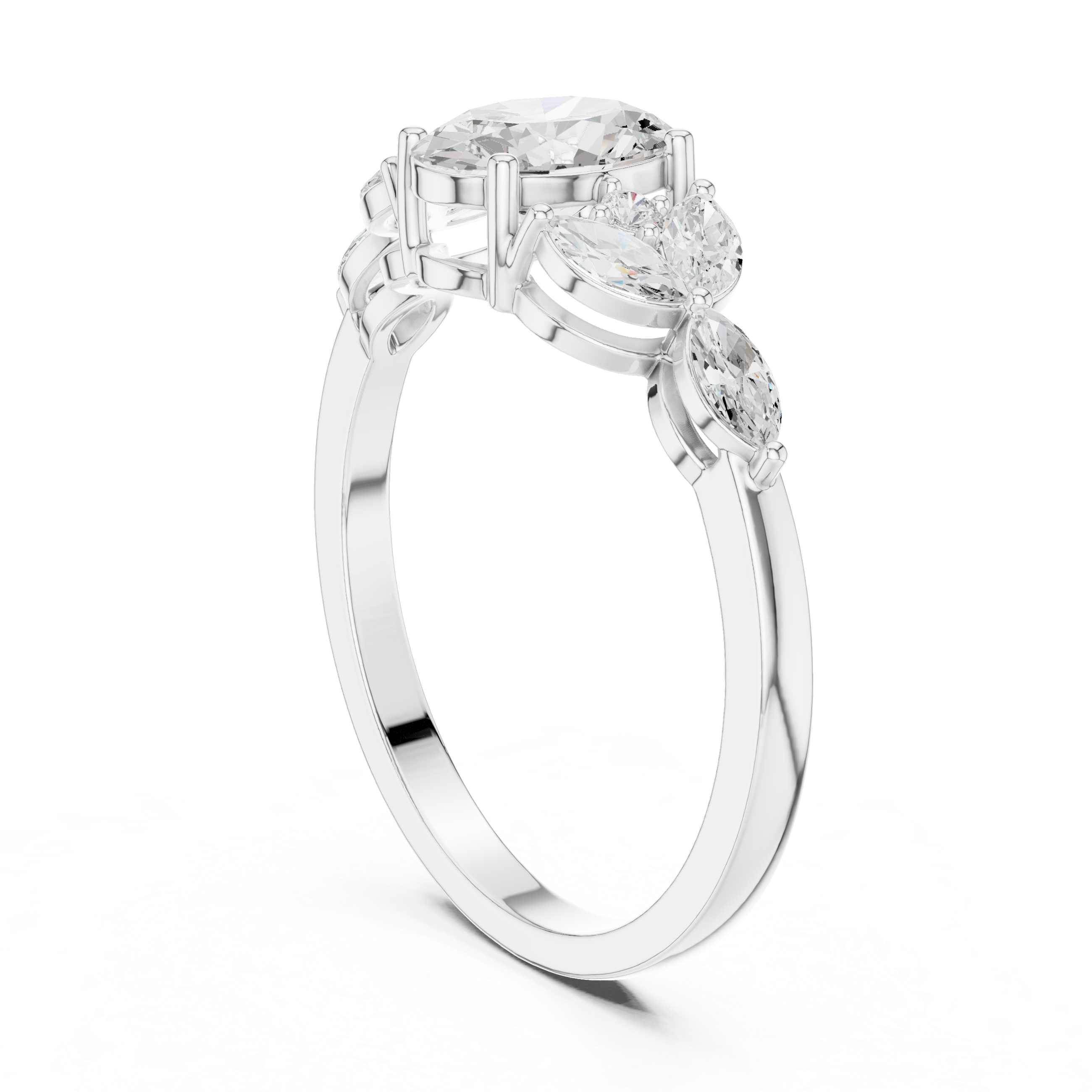 Oval Diamond Floral Cluster Ring – Marquise Side Stone Engagement Ring