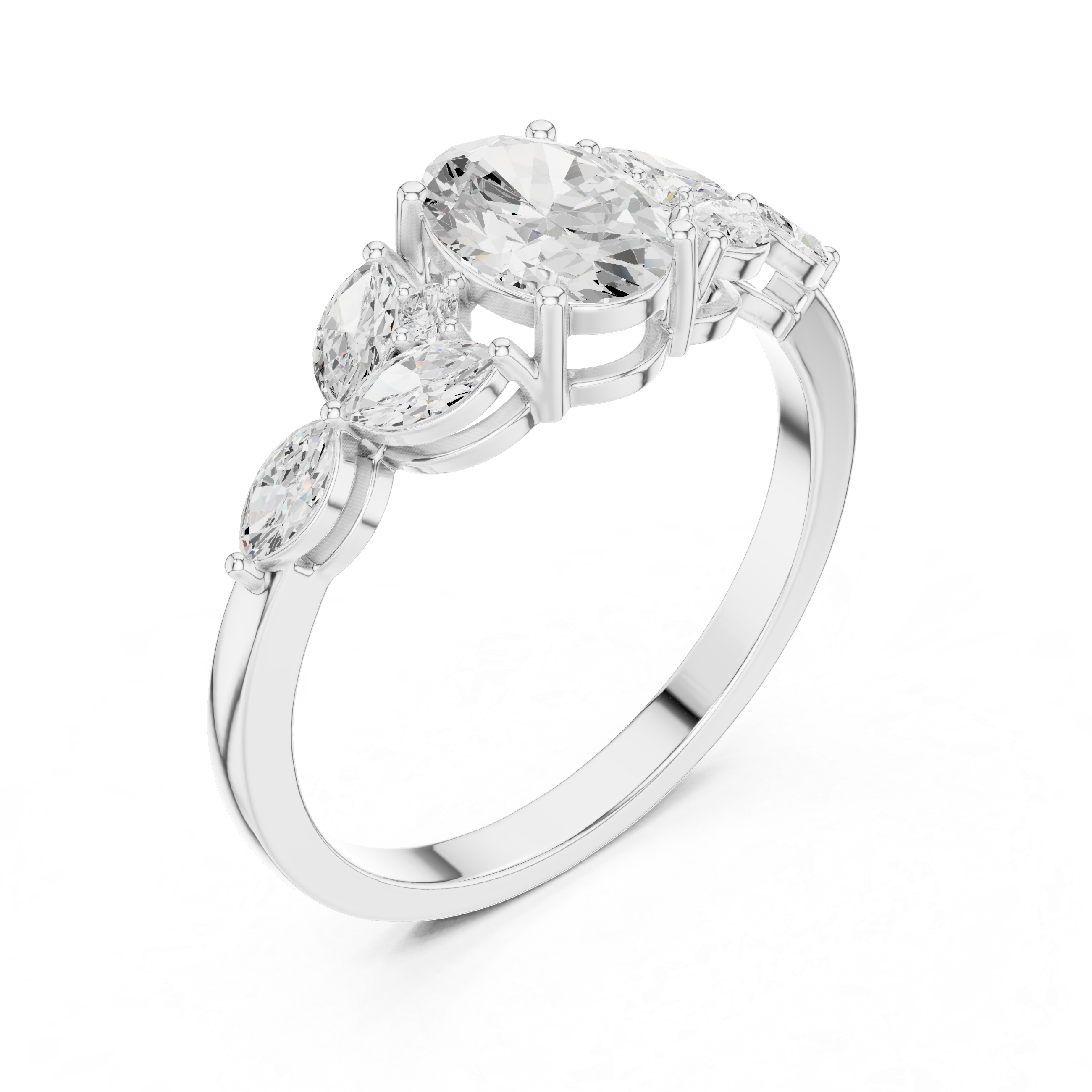 Oval Diamond Floral Cluster Ring – Marquise Side Stone Engagement Ring