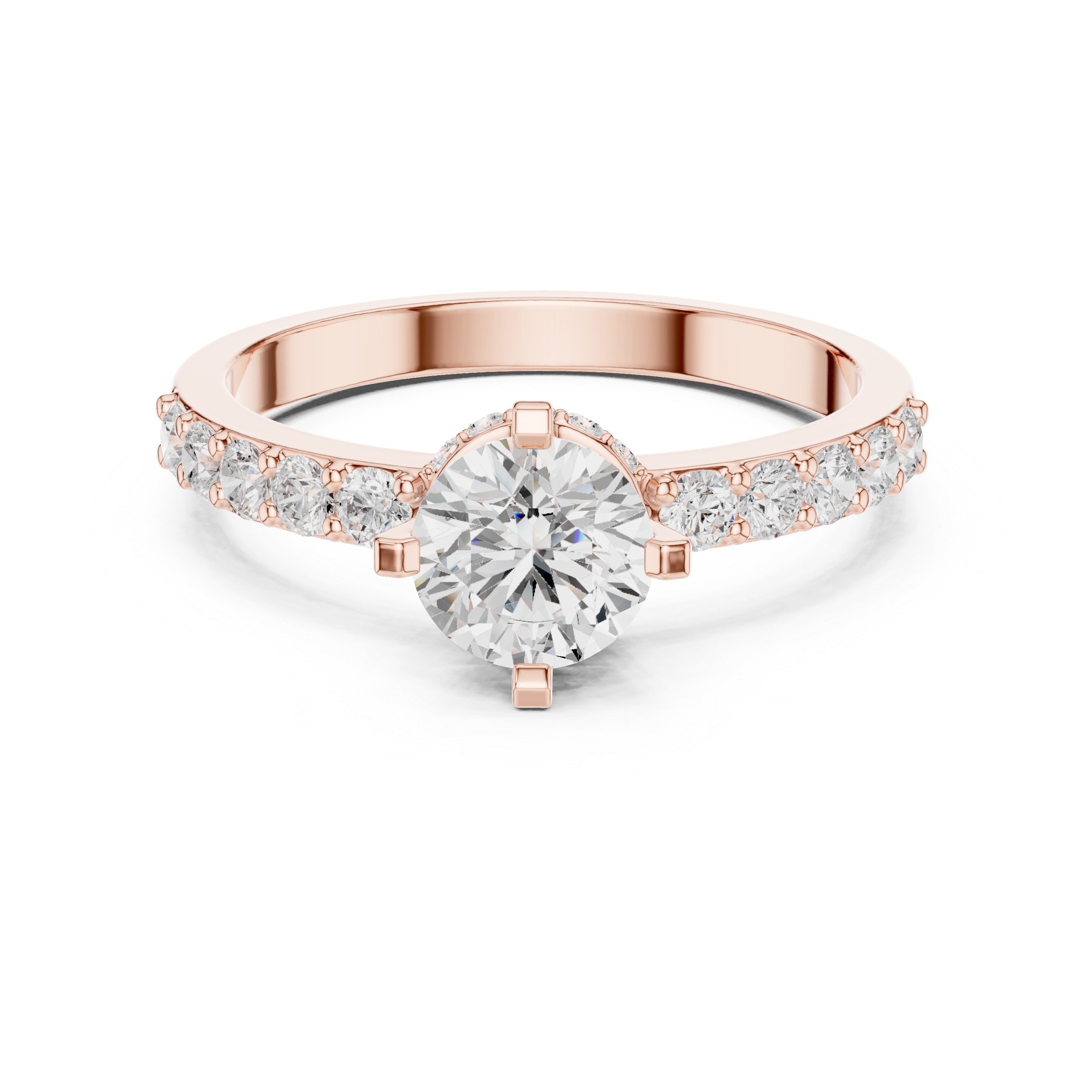 Round Brilliant Solitaire Engagement Ring with Pavé Diamond Band – Classic Cathedral Diamond Ring