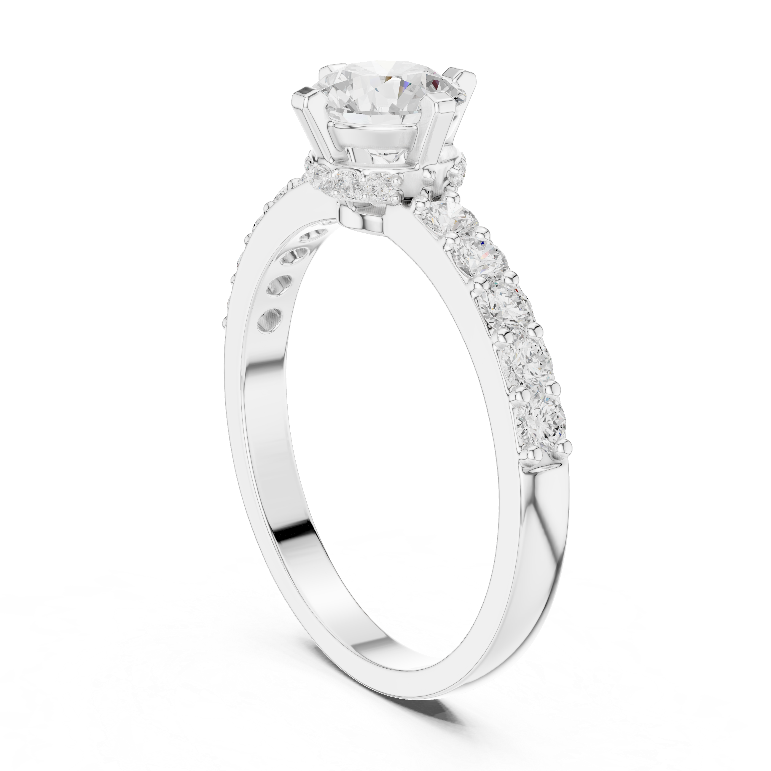 Round Brilliant Solitaire Engagement Ring with Pavé Diamond Band – Classic Cathedral Diamond Ring