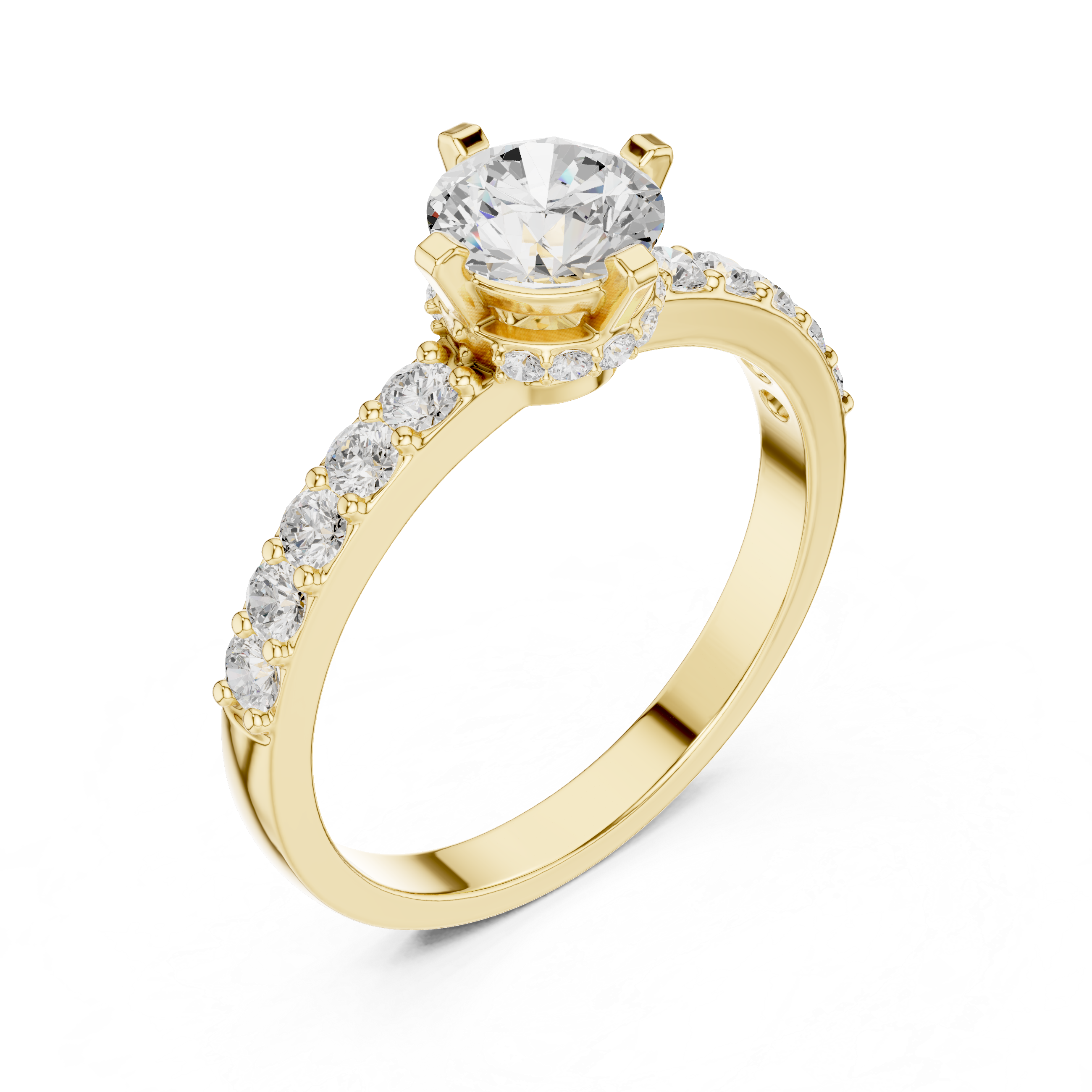 Round Brilliant Solitaire Engagement Ring with Pavé Diamond Band – Classic Cathedral Diamond Ring