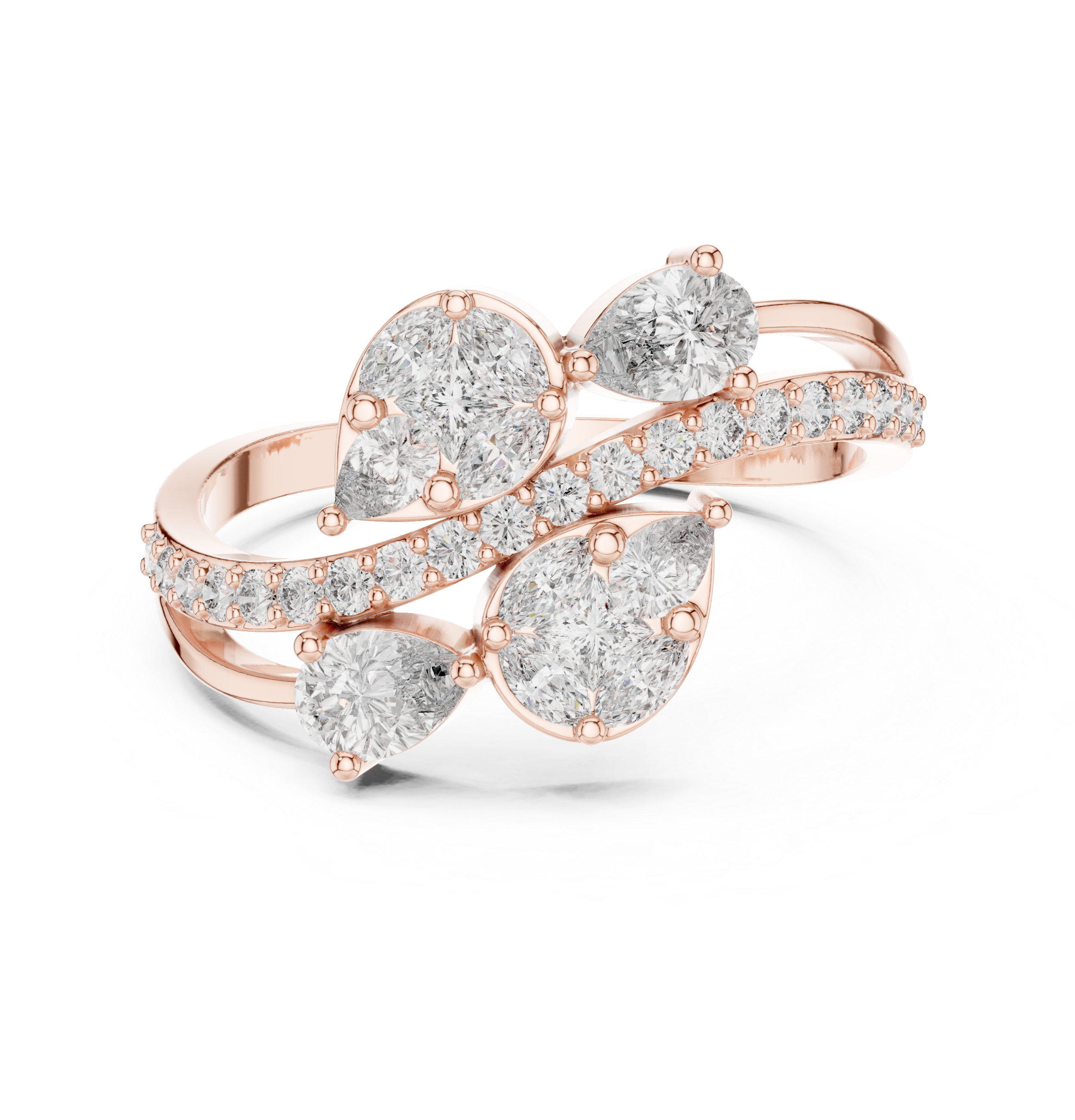Nature Inspired Marquise & Pear Diamond Wrap Ring – Split Shank Pavé Statement Ring