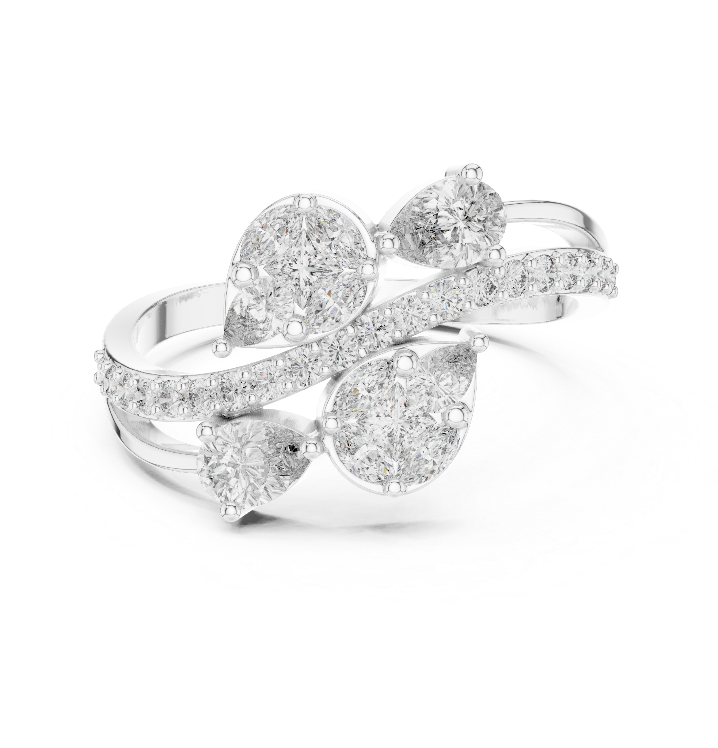 Nature Inspired Marquise & Pear Diamond Wrap Ring – Split Shank Pavé Statement Ring