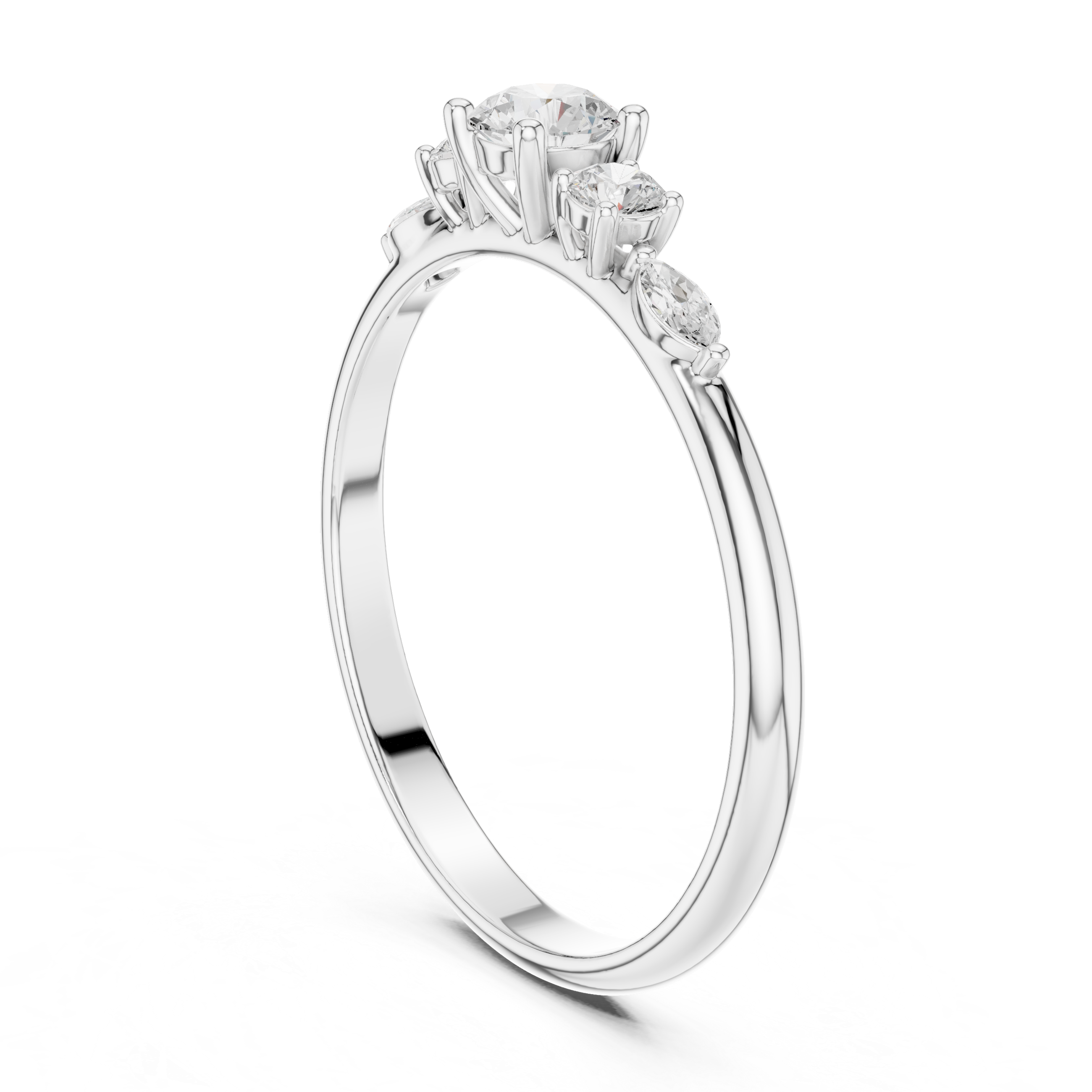 Round Diamond Engagement Ring with Marquise Side Stones – Classic Five Stone Promise Ring