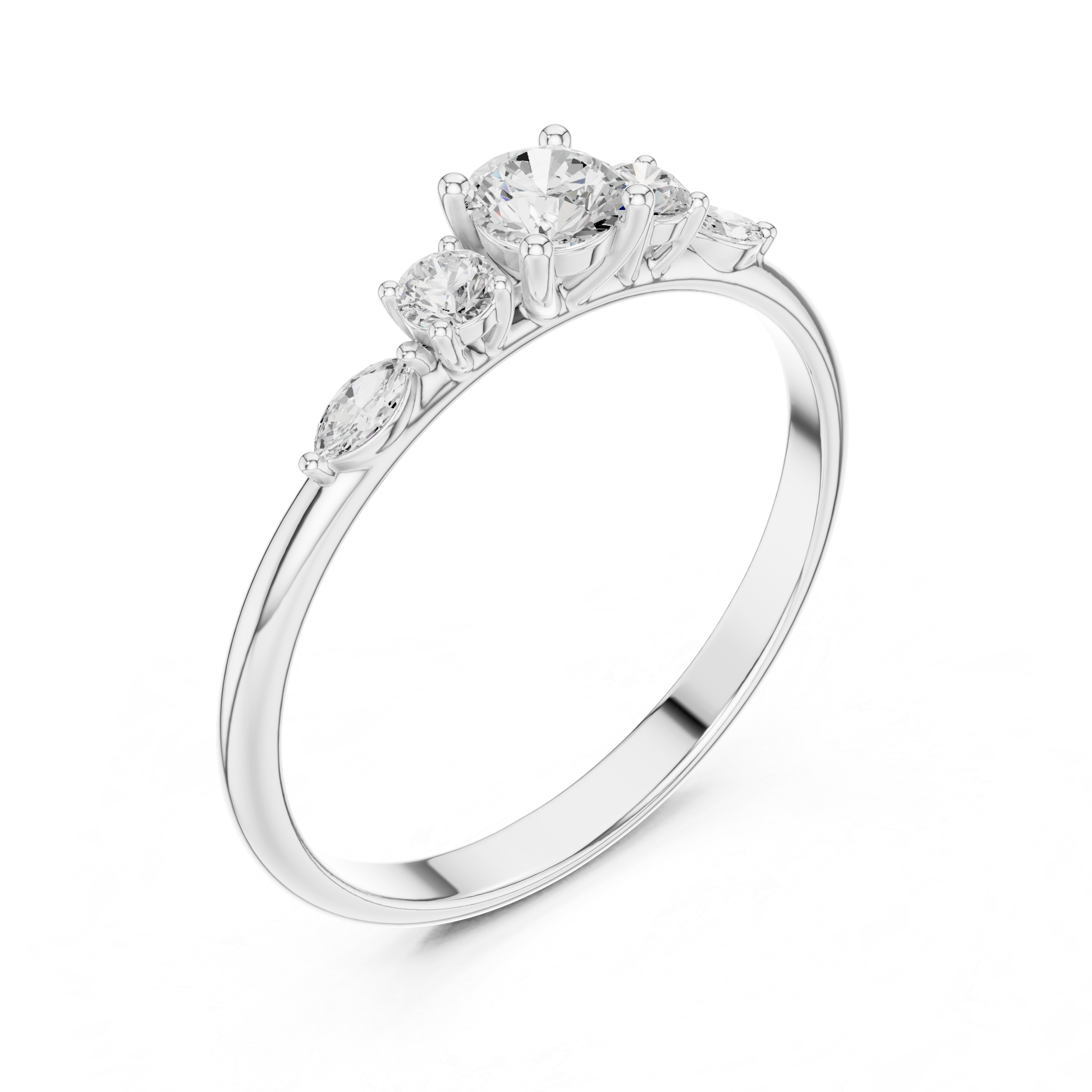 Round Diamond Engagement Ring with Marquise Side Stones – Classic Five Stone Promise Ring