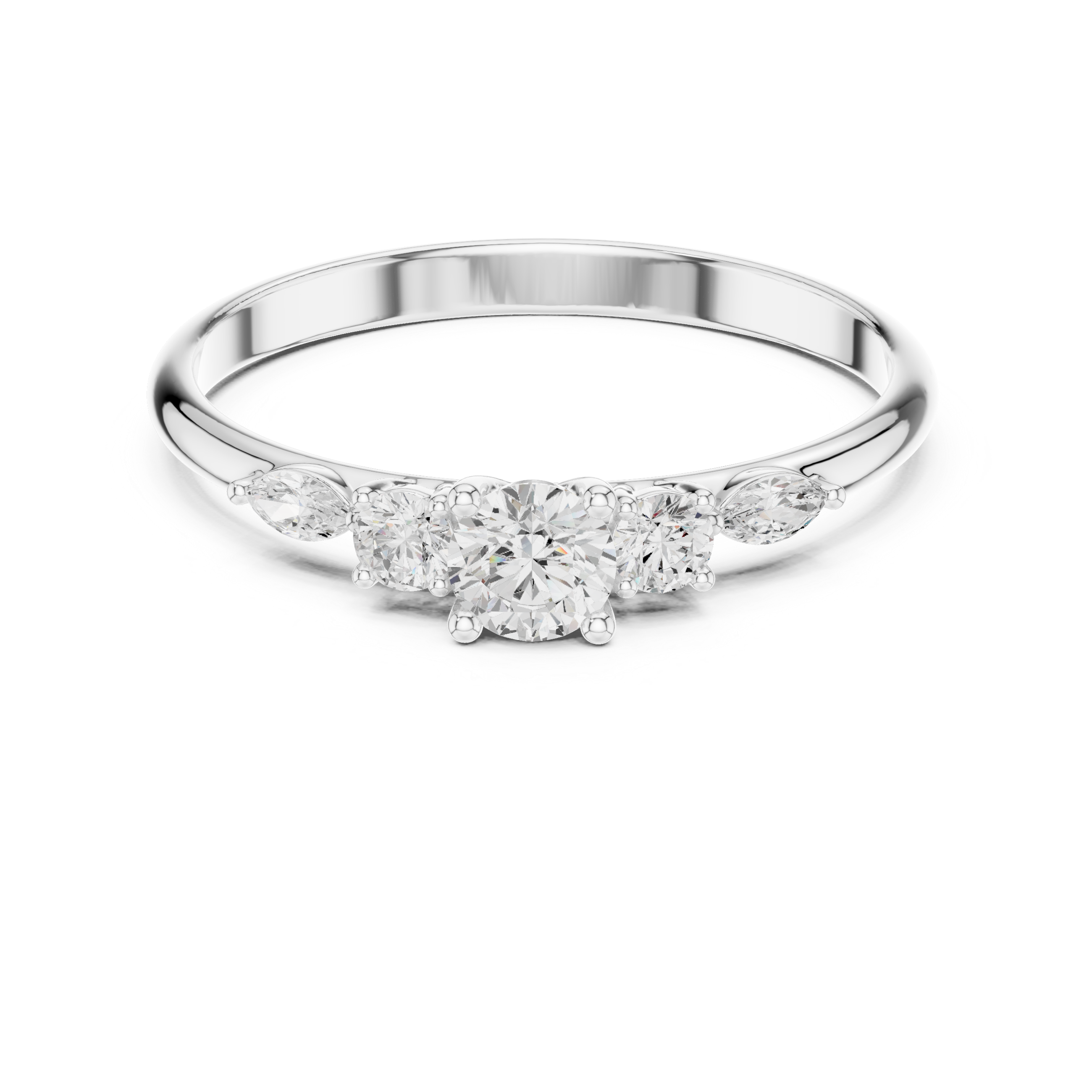 Round Diamond Engagement Ring with Marquise Side Stones – Classic Five Stone Promise Ring