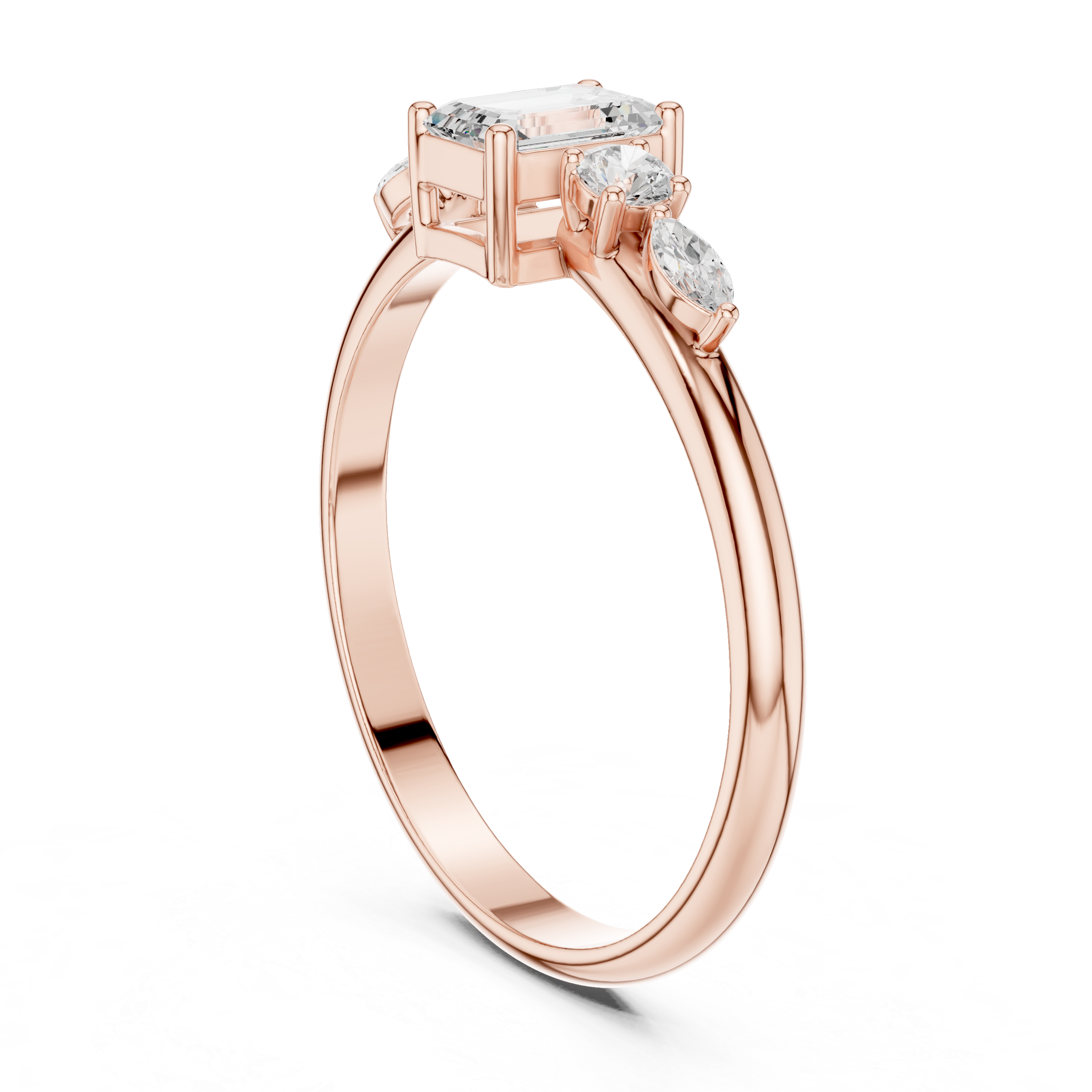 Emerald Cut Diamond Engagement Ring with Marquise Side Stones – Vintage Inspired Five Stone Ring