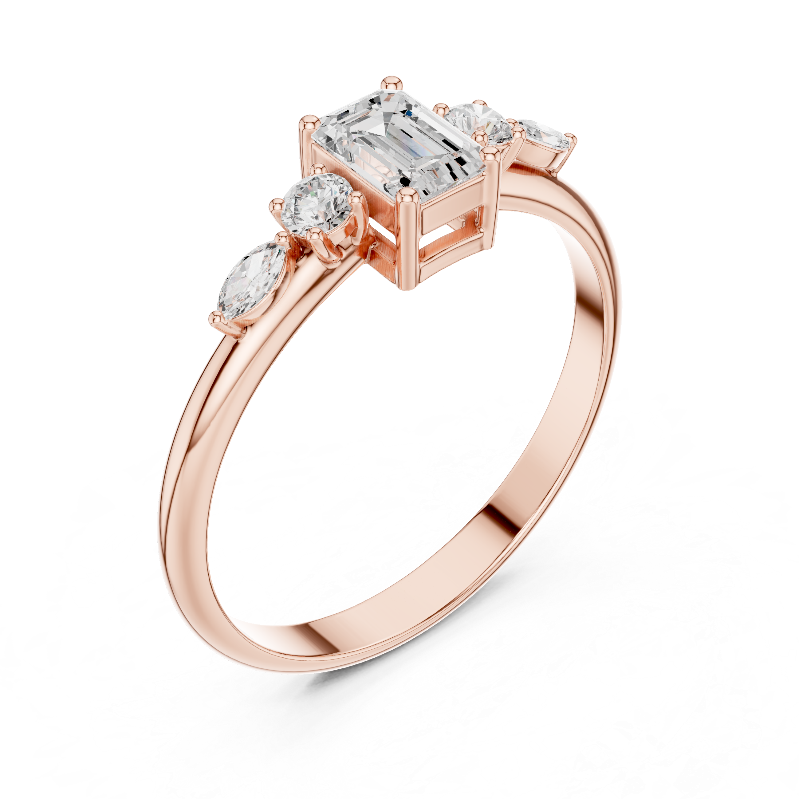 Emerald Cut Diamond Engagement Ring with Marquise Side Stones – Vintage Inspired Five Stone Ring