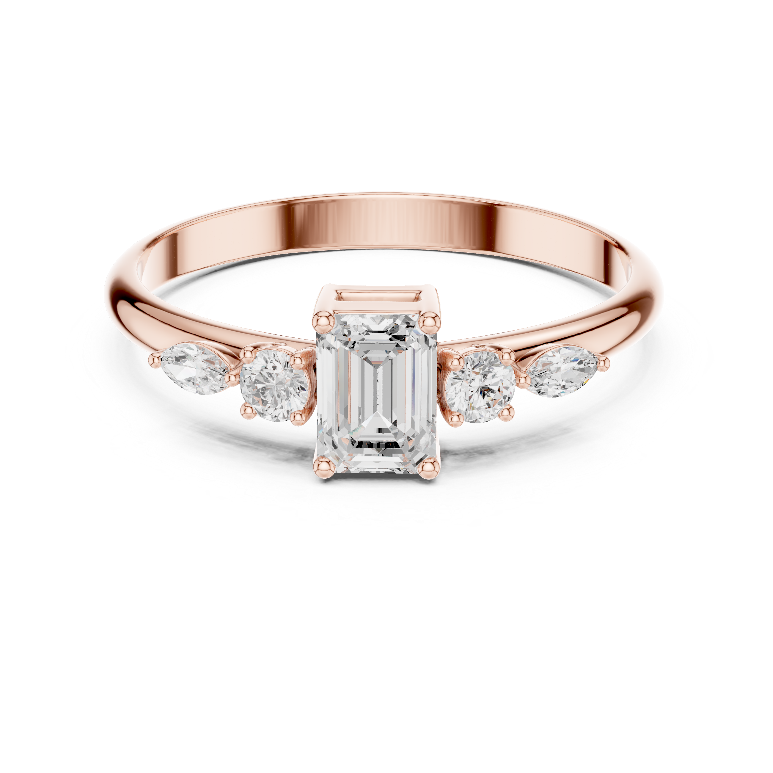 Emerald Cut Diamond Engagement Ring with Marquise Side Stones – Vintage Inspired Five Stone Ring