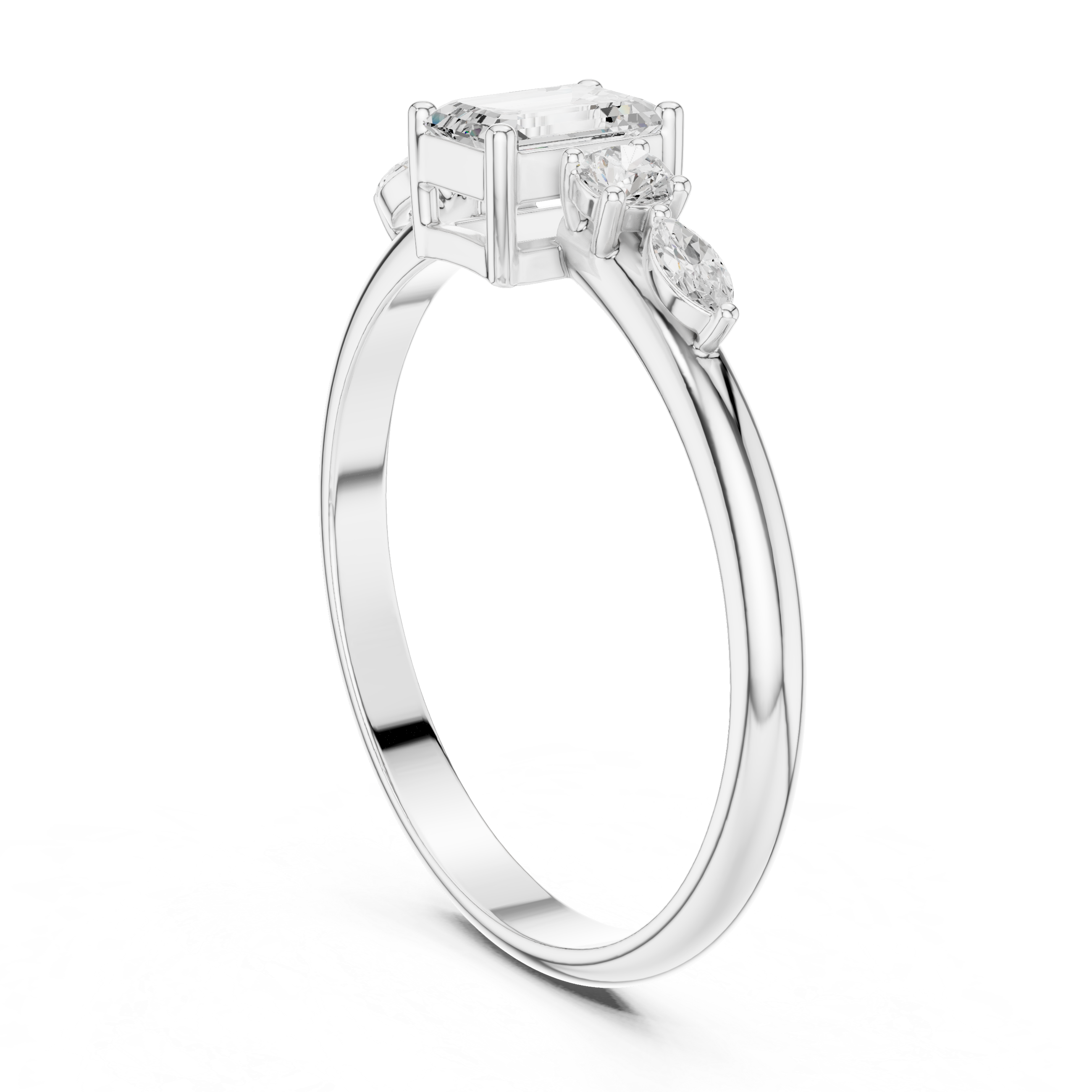 Emerald Cut Diamond Engagement Ring with Marquise Side Stones – Vintage Inspired Five Stone Ring