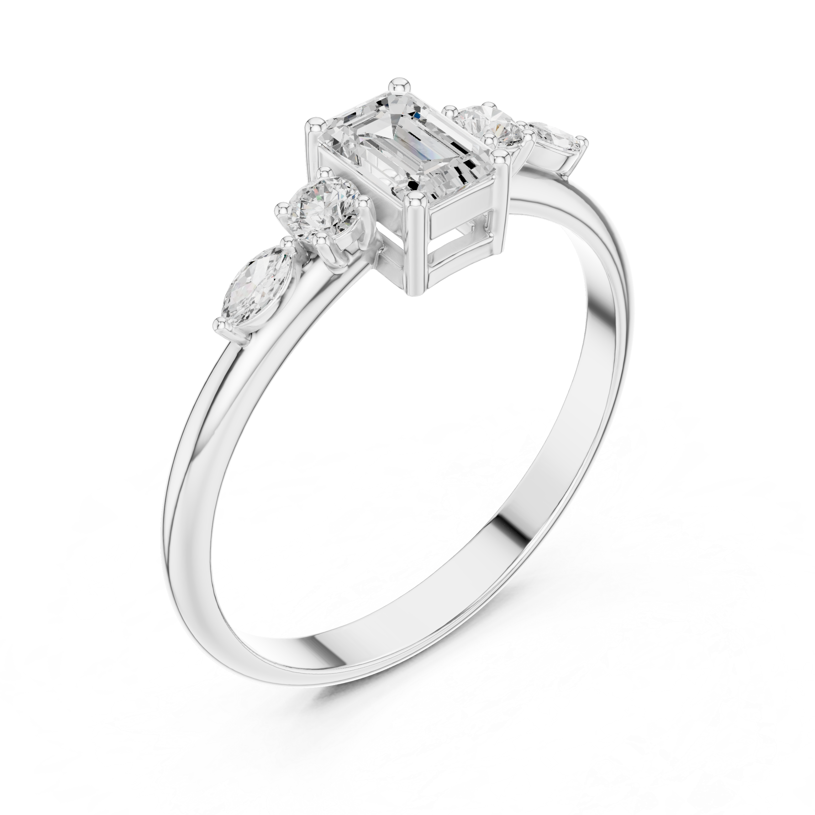 Emerald Cut Diamond Engagement Ring with Marquise Side Stones – Vintage Inspired Five Stone Ring