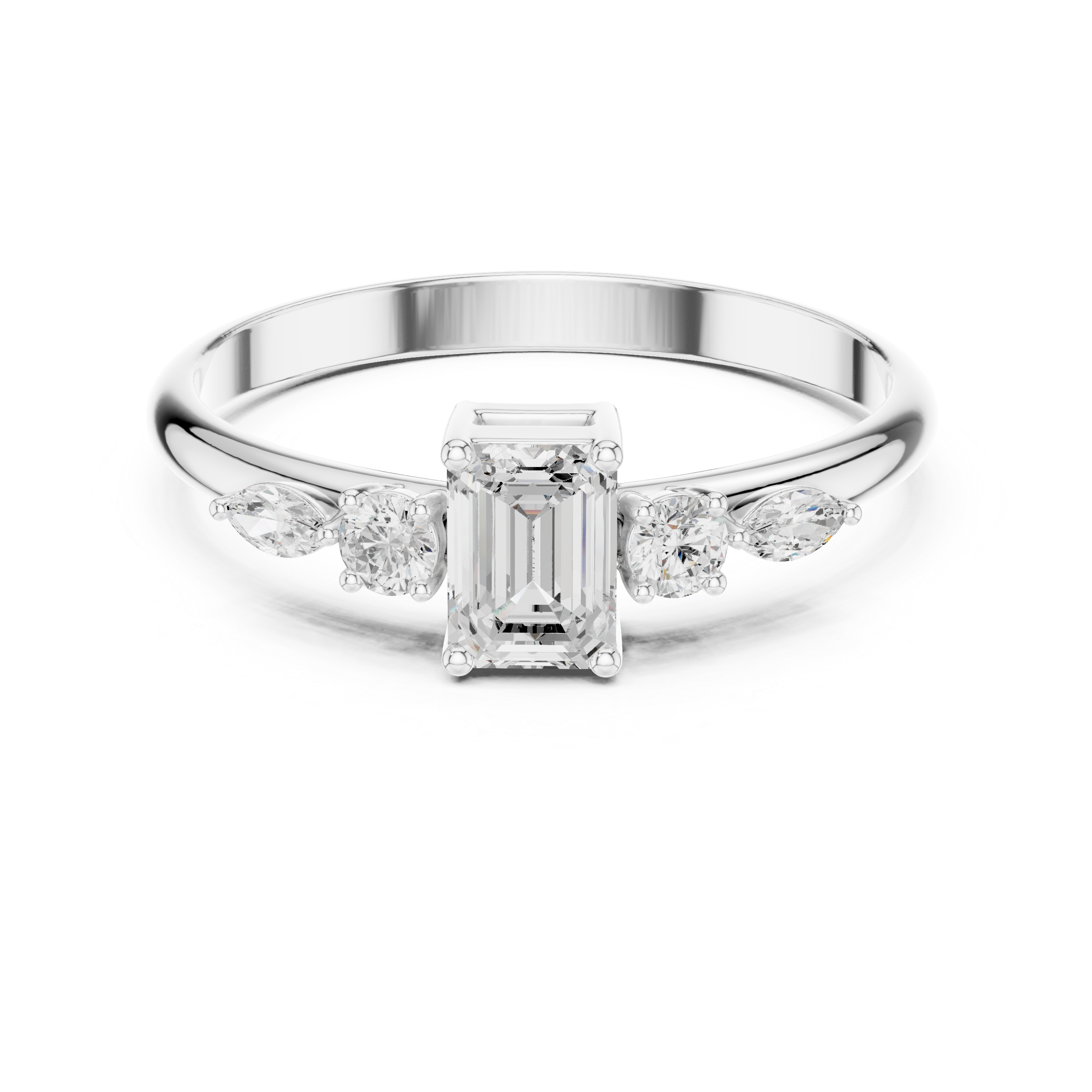 Emerald Cut Diamond Engagement Ring with Marquise Side Stones – Vintage Inspired Five Stone Ring