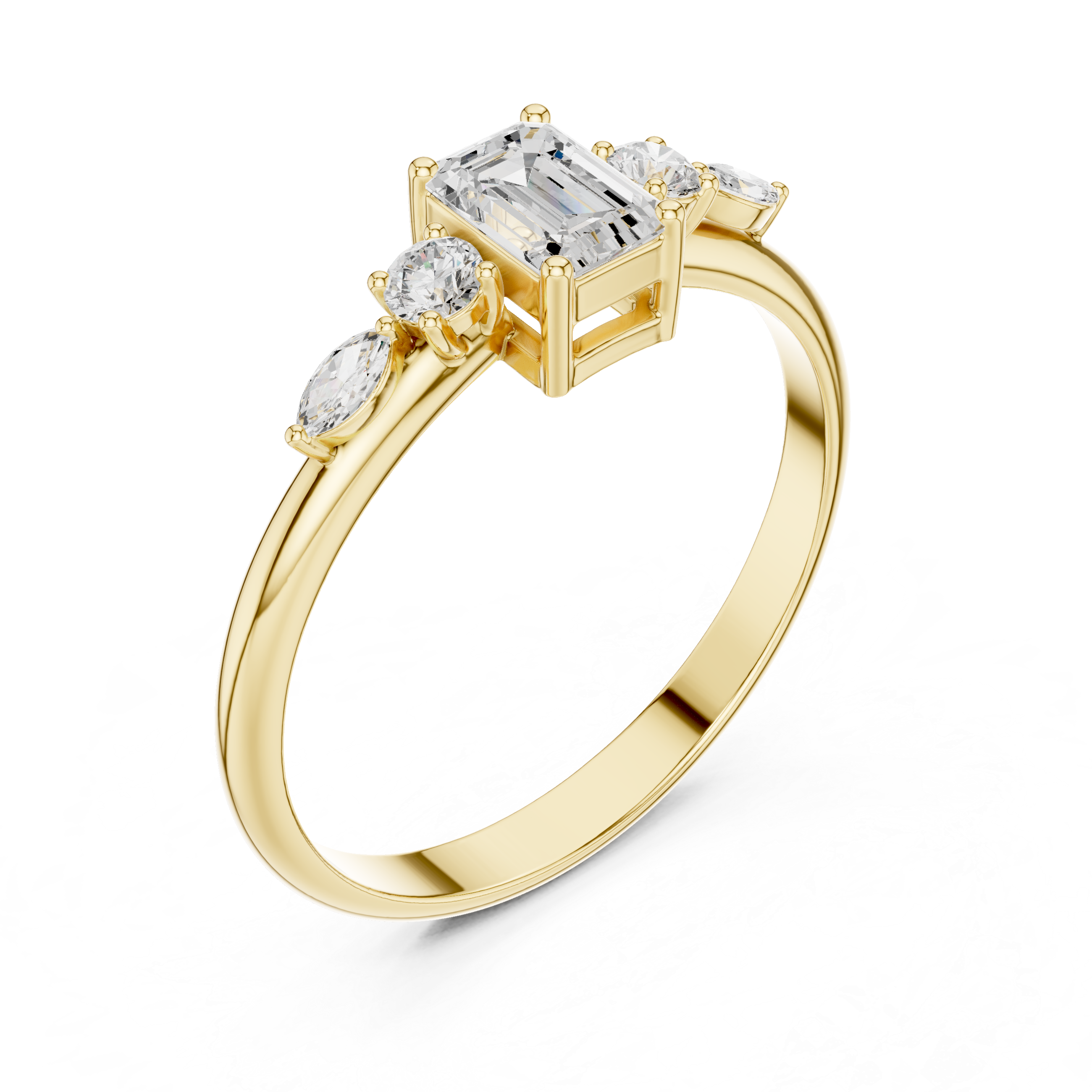 Emerald Cut Diamond Engagement Ring with Marquise Side Stones – Vintage Inspired Five Stone Ring