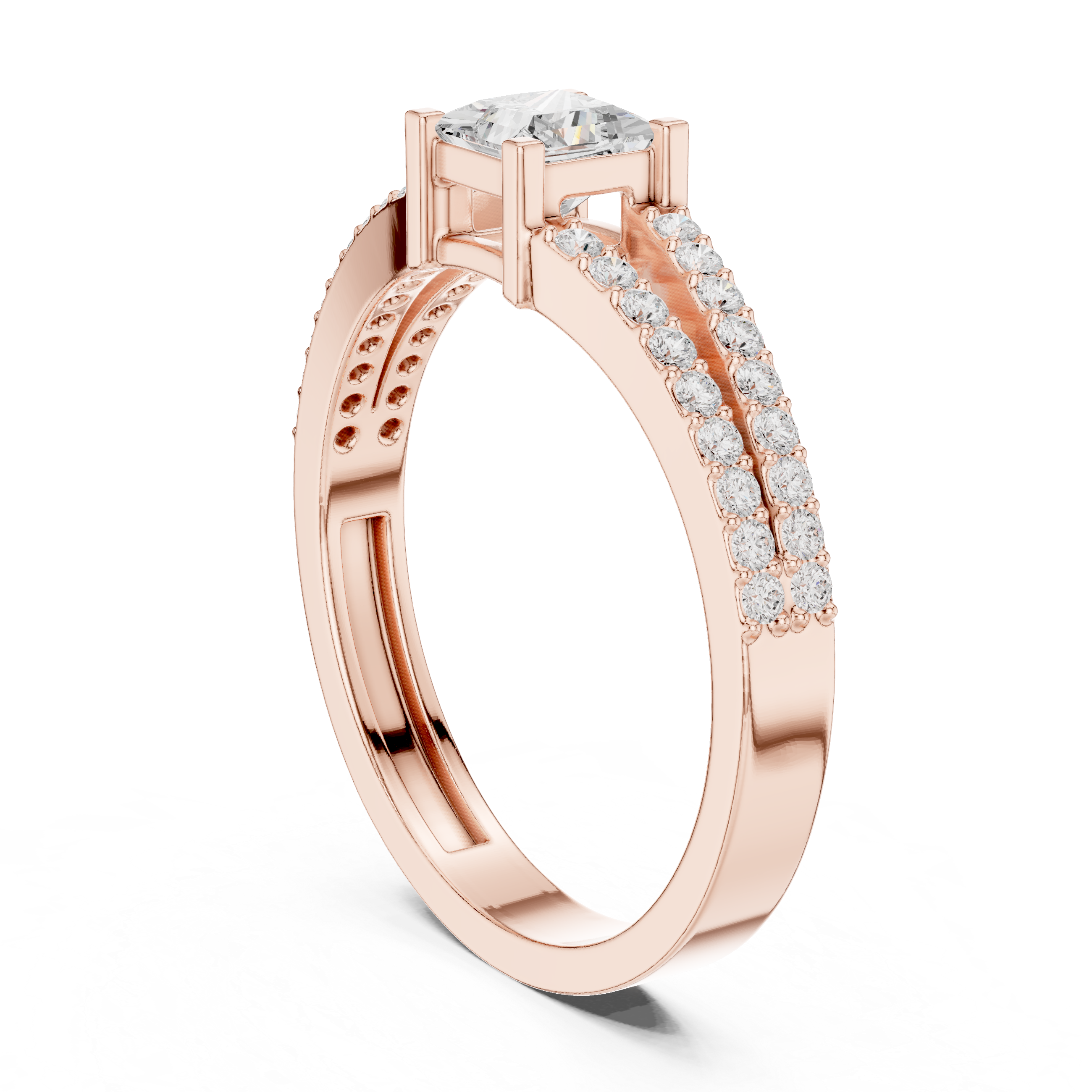 Princess Cut Diamond Split Shank Engagement Ring – Double Pavé Band Solitaire Ring