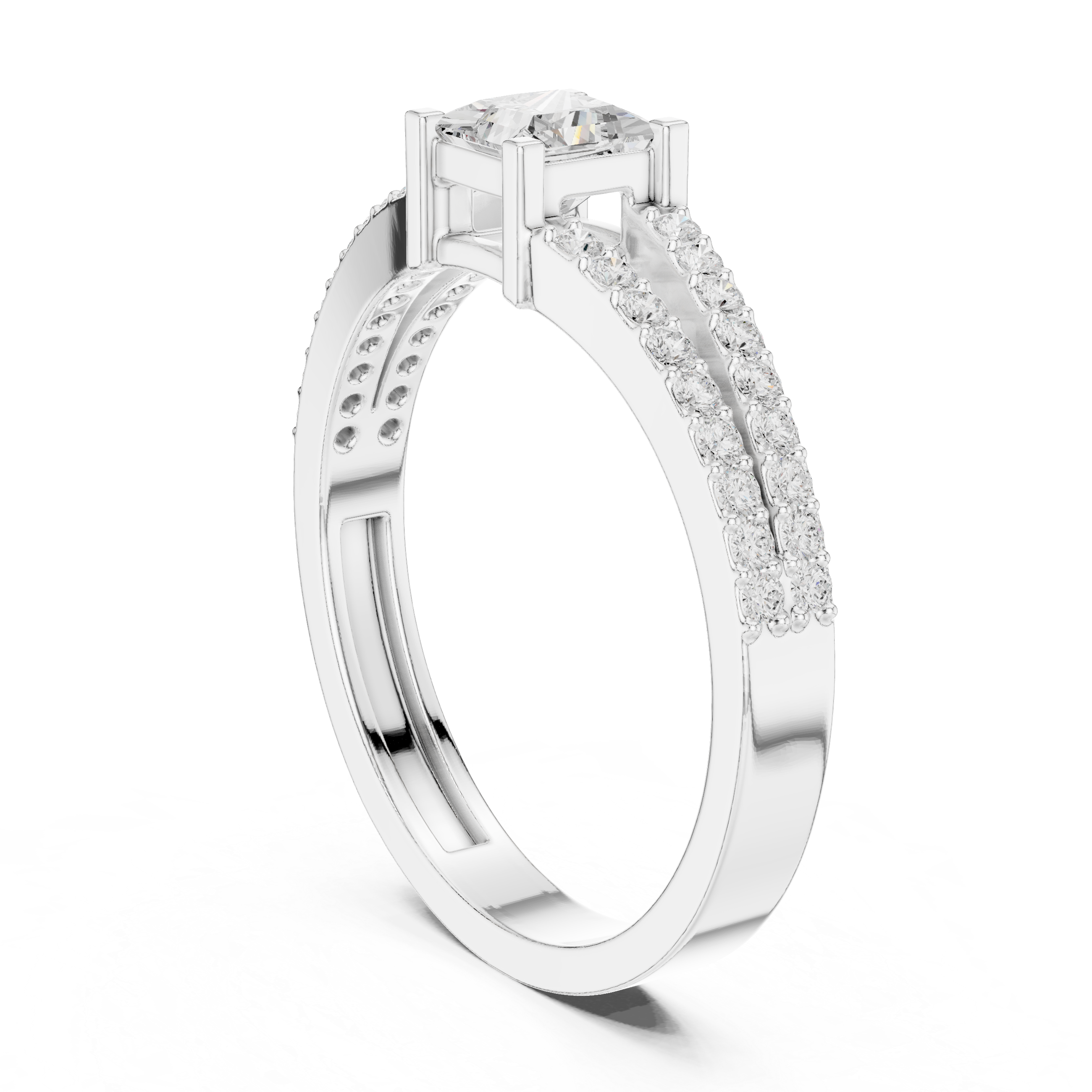 Princess Cut Diamond Split Shank Engagement Ring – Double Pavé Band Solitaire Ring