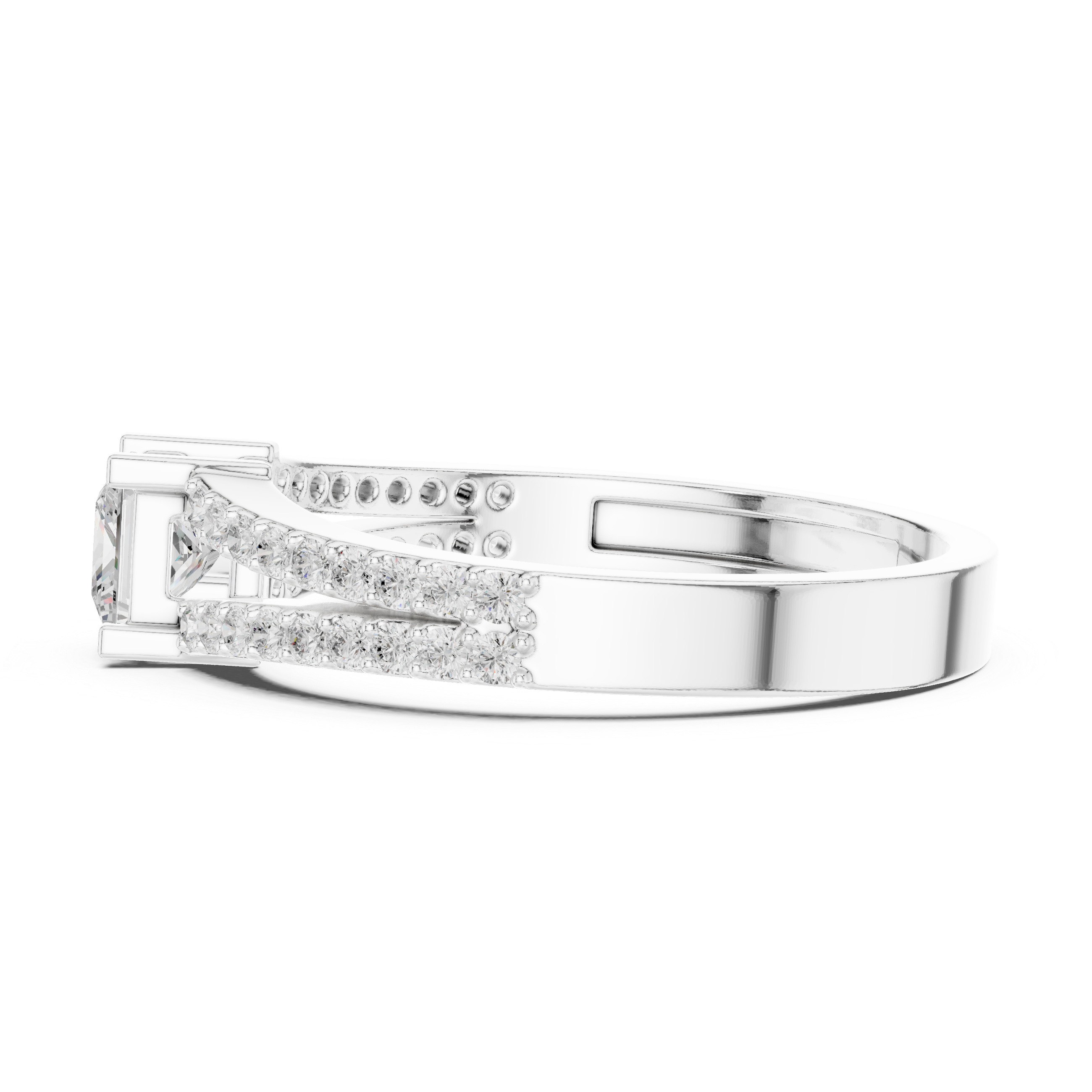 Princess Cut Diamond Split Shank Engagement Ring – Double Pavé Band Solitaire Ring