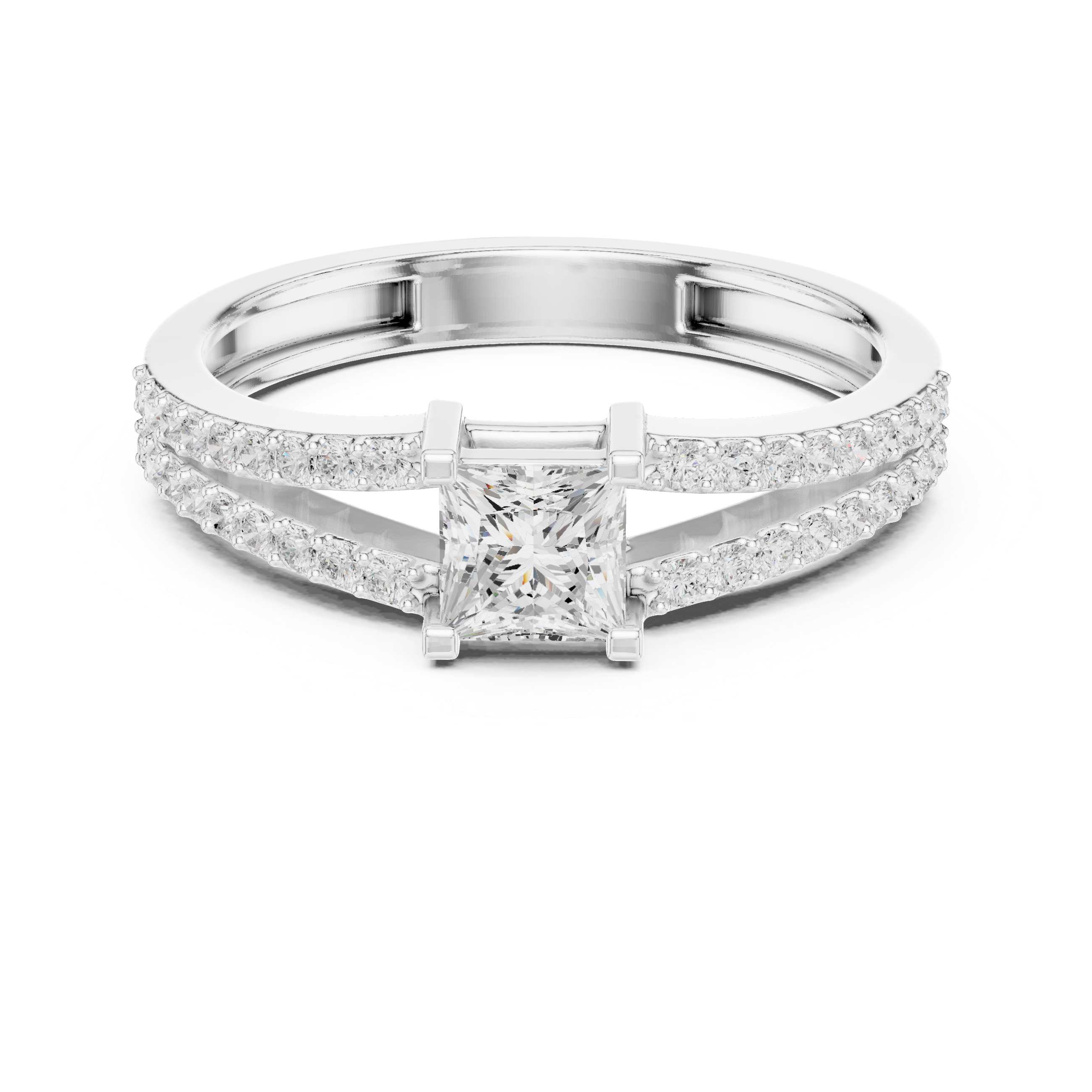Princess Cut Diamond Split Shank Engagement Ring – Double Pavé Band Solitaire Ring