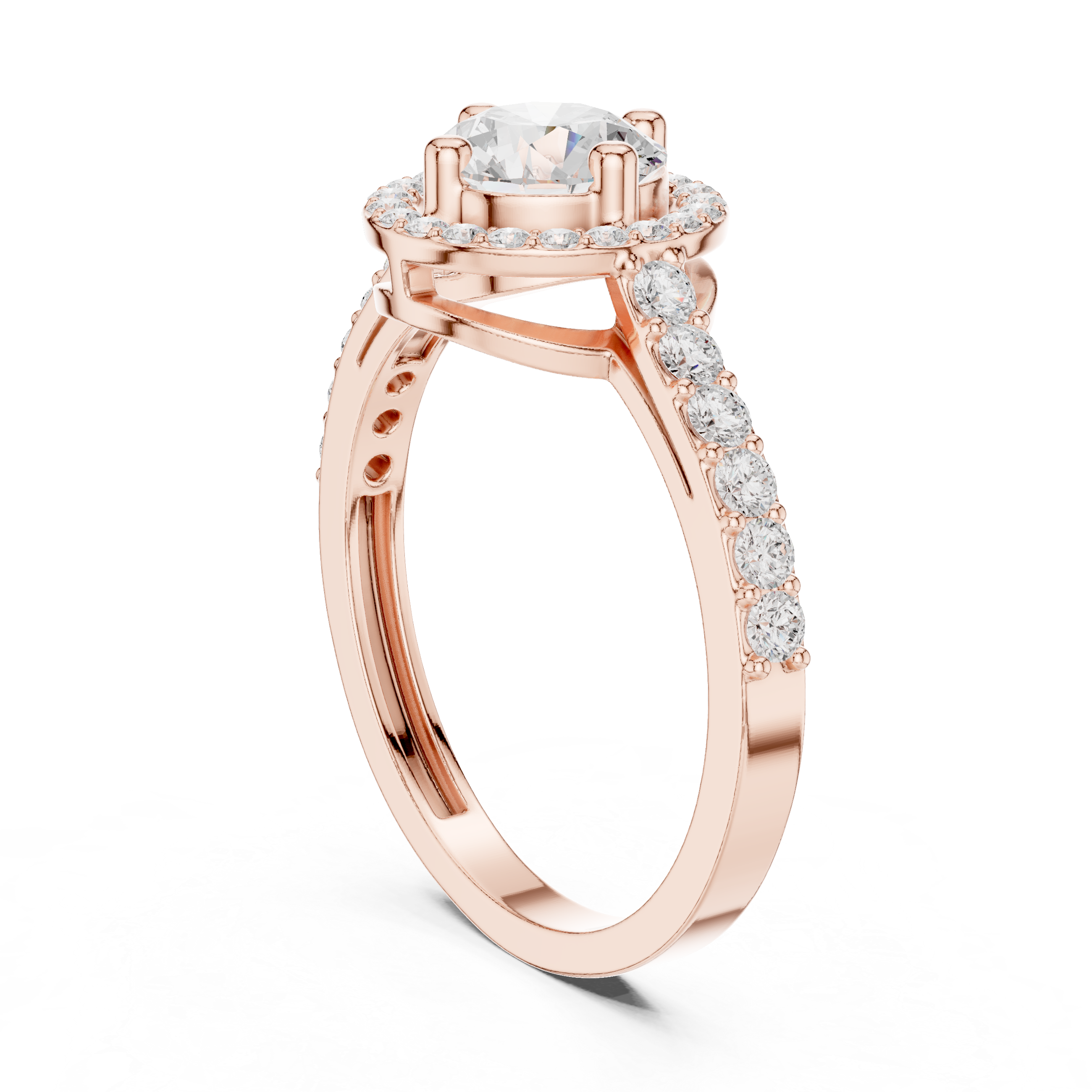 Round Halo Diamond Engagement Ring – Pavé Band Halo Solitaire Ring