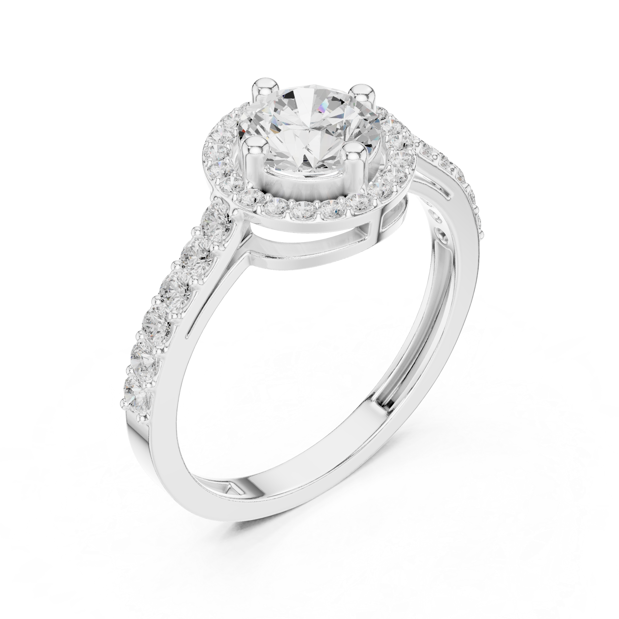 Round Halo Diamond Engagement Ring – Pavé Band Halo Solitaire Ring