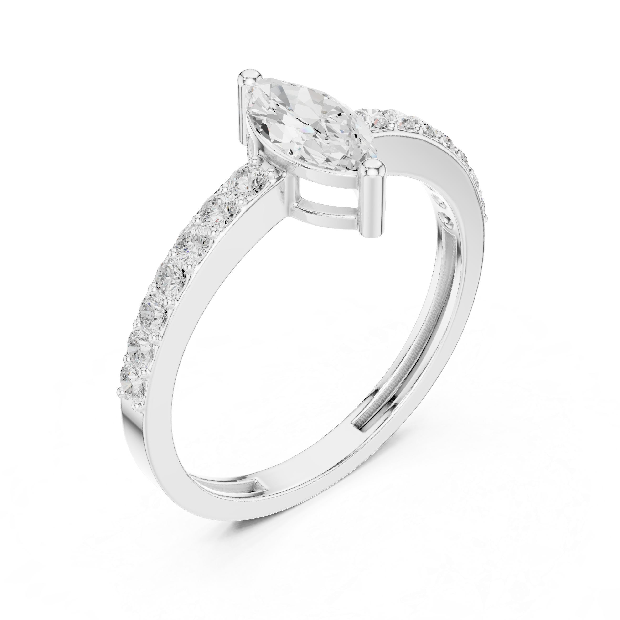 Marquise Cut Diamond Engagement Ring – Pavé Solitaire Ring with Round Diamond Accents