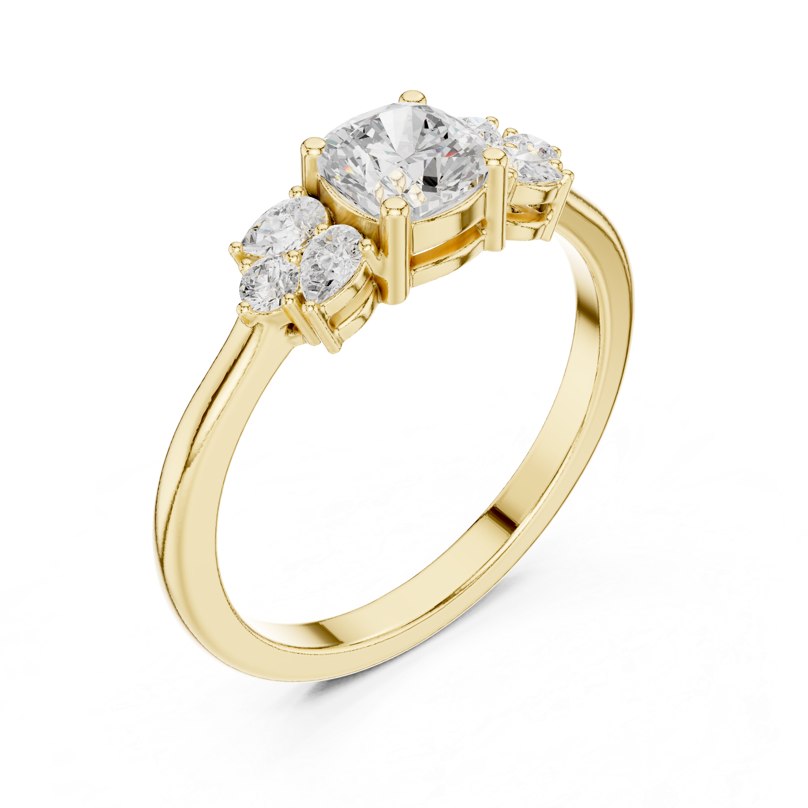 Cushion Cut Diamond Engagement Ring – Three Stone Pear Accent Ring with Vintage-Inspired Elegance