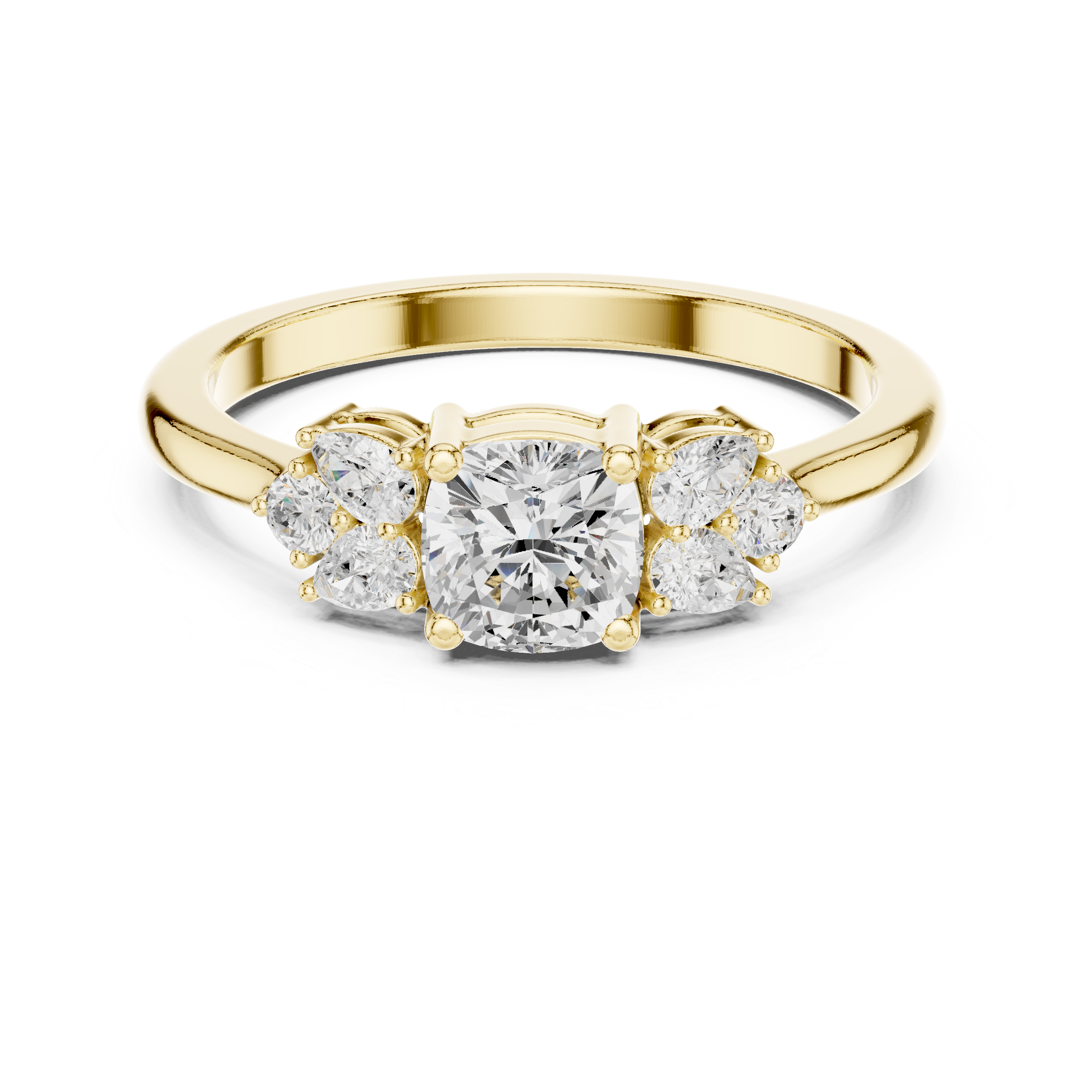 Cushion Cut Diamond Engagement Ring – Three Stone Pear Accent Ring with Vintage-Inspired Elegance