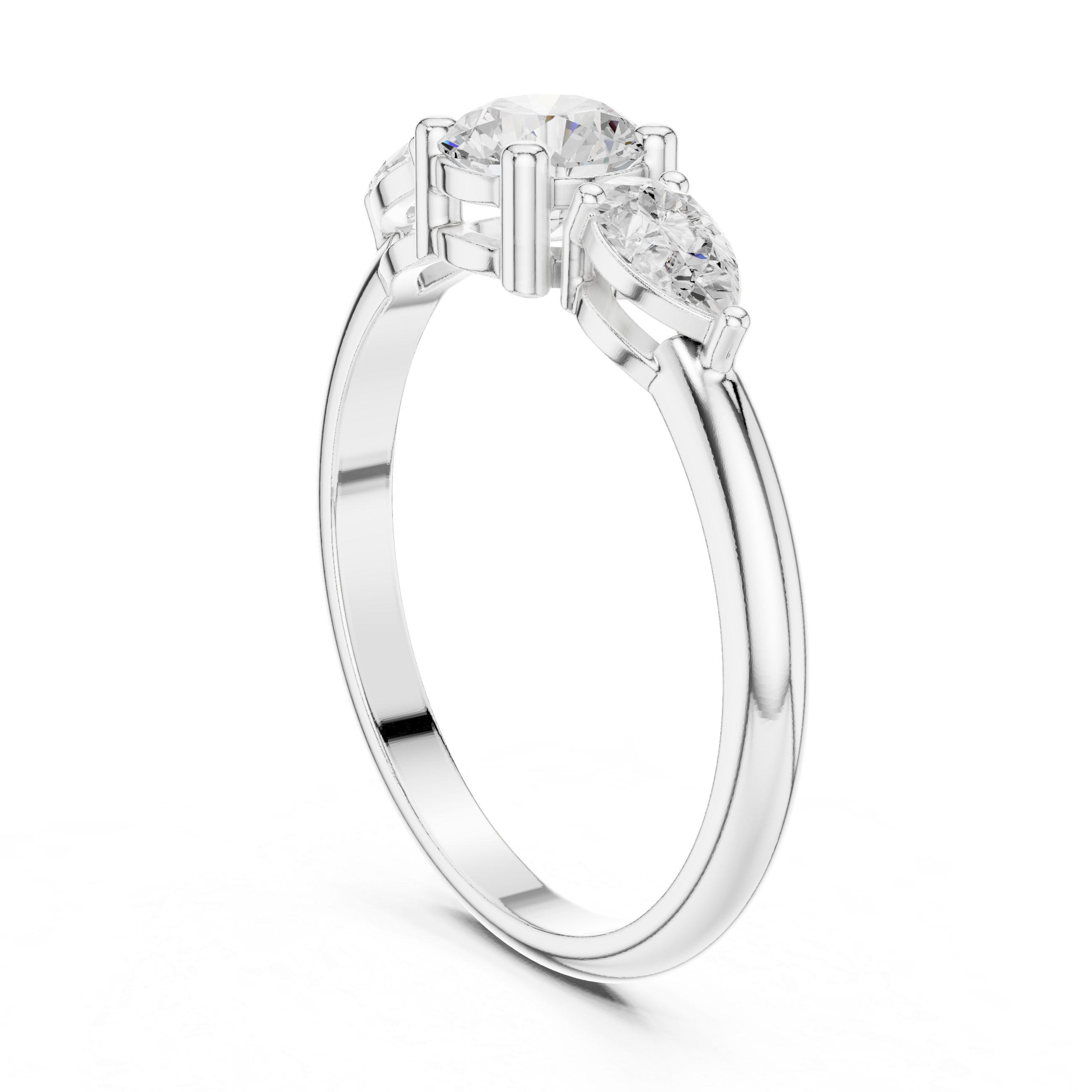 Three Stone Cushion & Pear Diamond Engagement Ring – Classic Trilogy Ring with Pear Side Stones