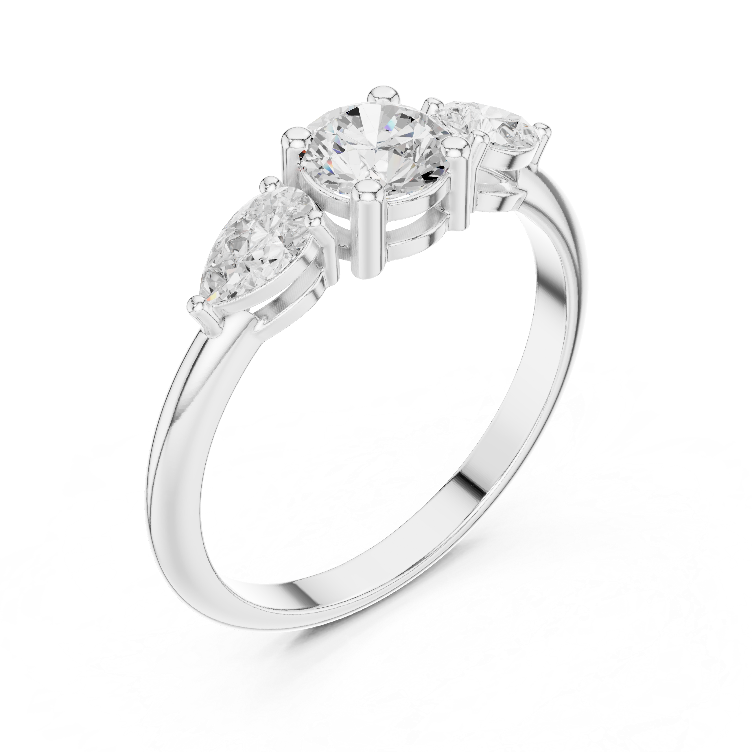 Three Stone Cushion & Pear Diamond Engagement Ring – Classic Trilogy Ring with Pear Side Stones