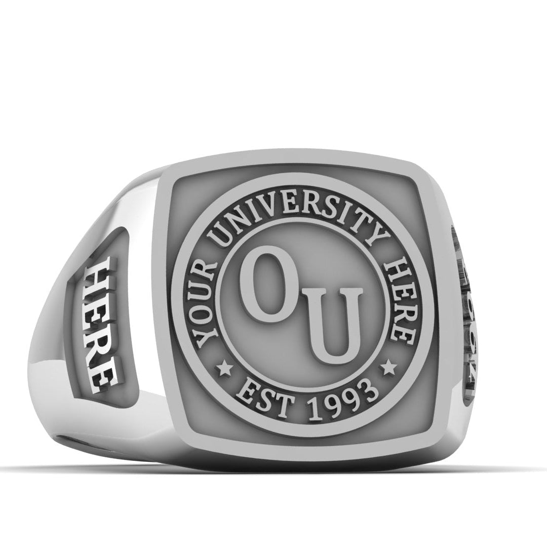 Silver ring with 'University Logo' engraving on a white background