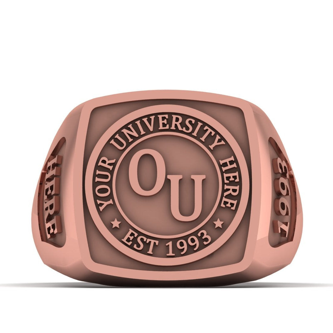 Rose gold ring with 'University Logo' initials and space for a university name, on a white background