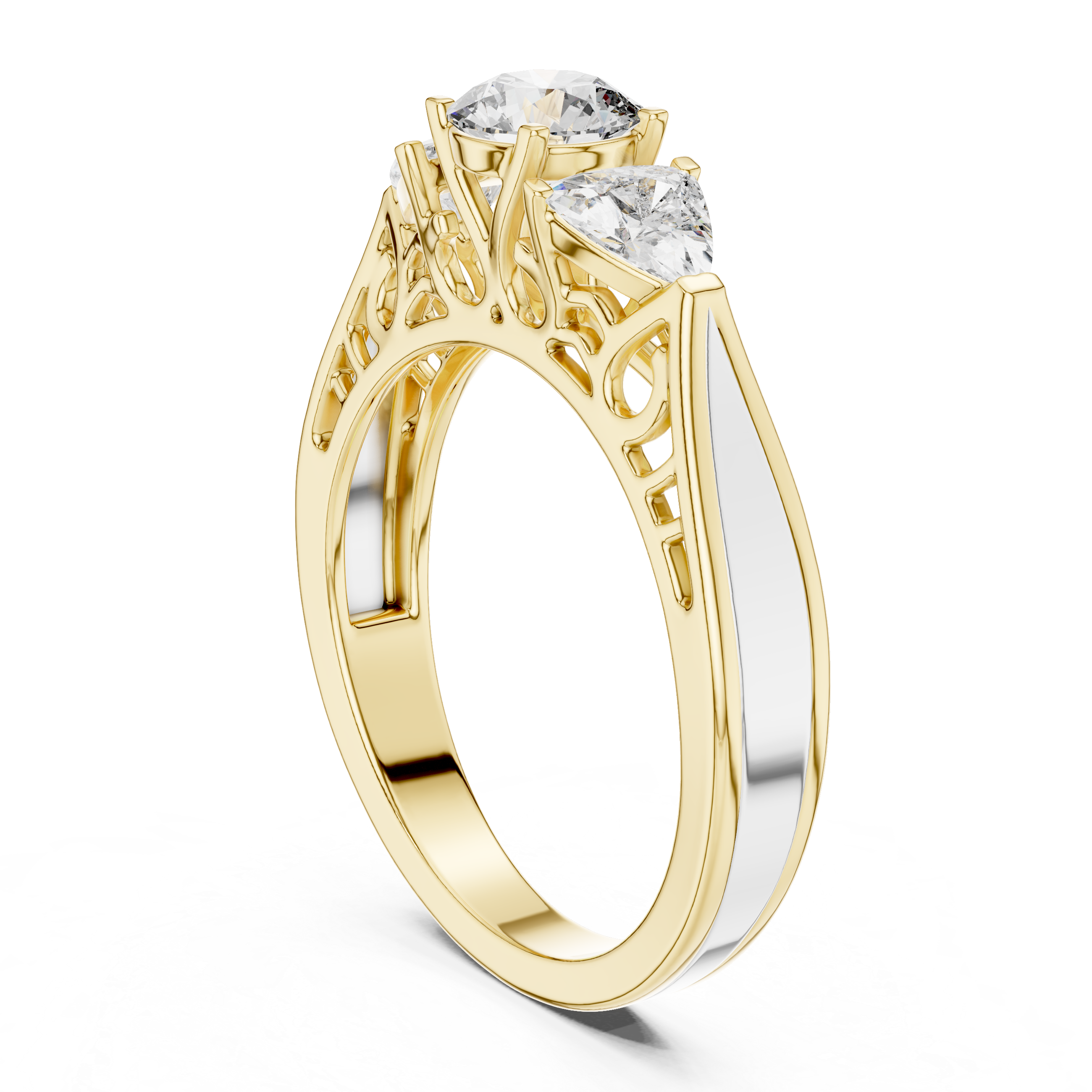 Round Brilliant Three Stone Engagement Ring with Trillion Side Diamonds