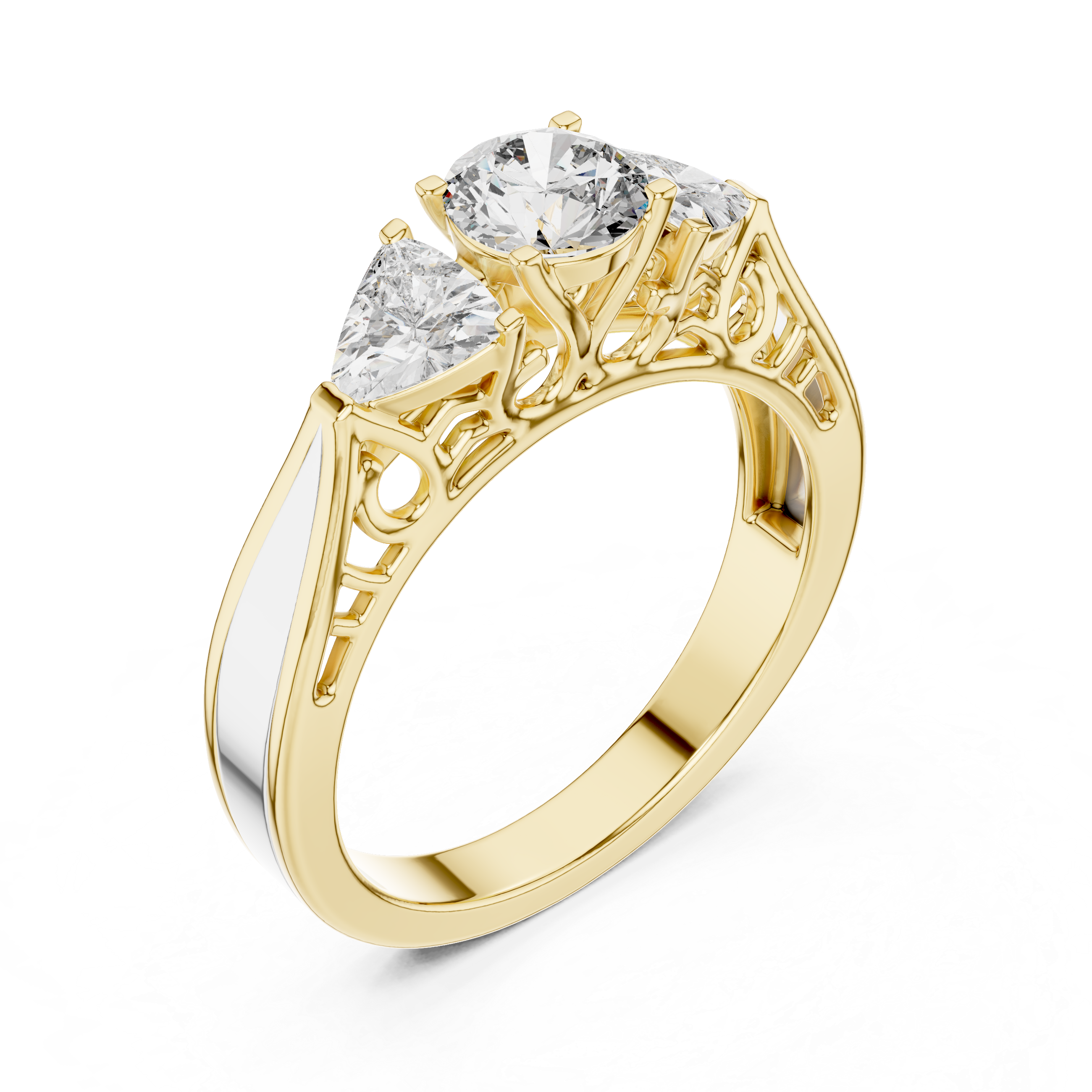Round Brilliant Three Stone Engagement Ring with Trillion Side Diamonds