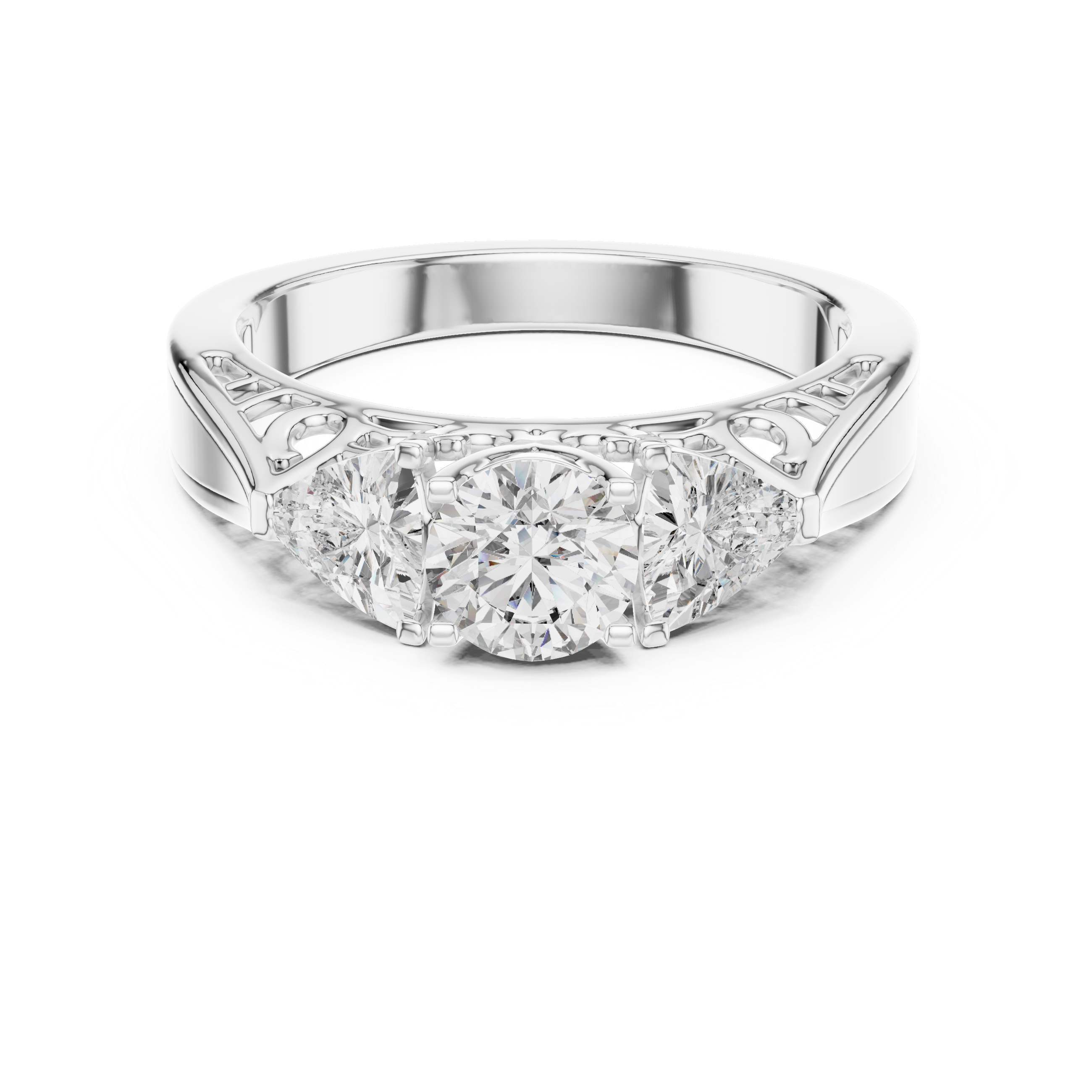 Round Brilliant Three Stone Engagement Ring with Trillion Side Diamonds