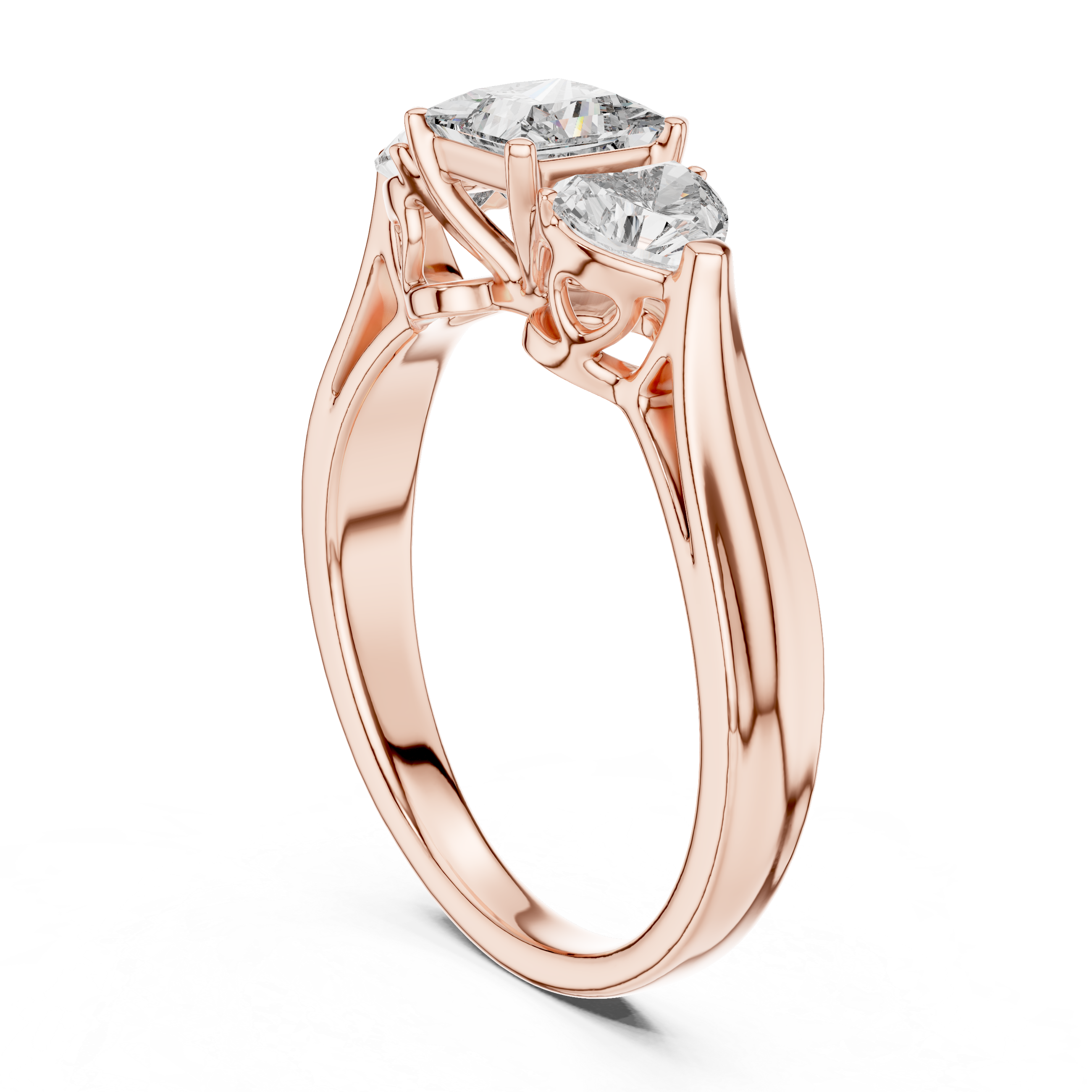 Princess Cut Three Stone Engagement Ring with Heart Side Diamonds