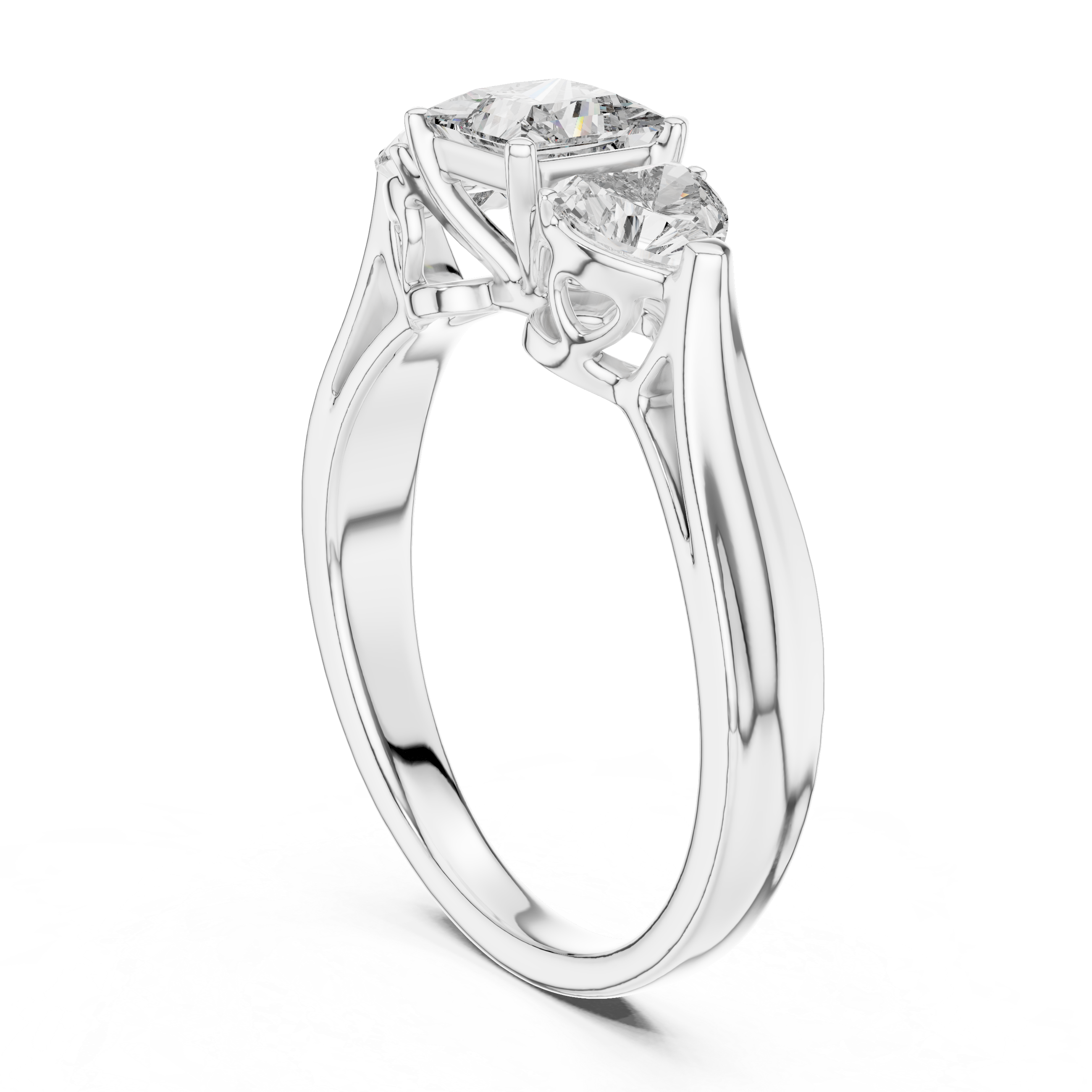 Princess Cut Three Stone Engagement Ring with Heart Side Diamonds