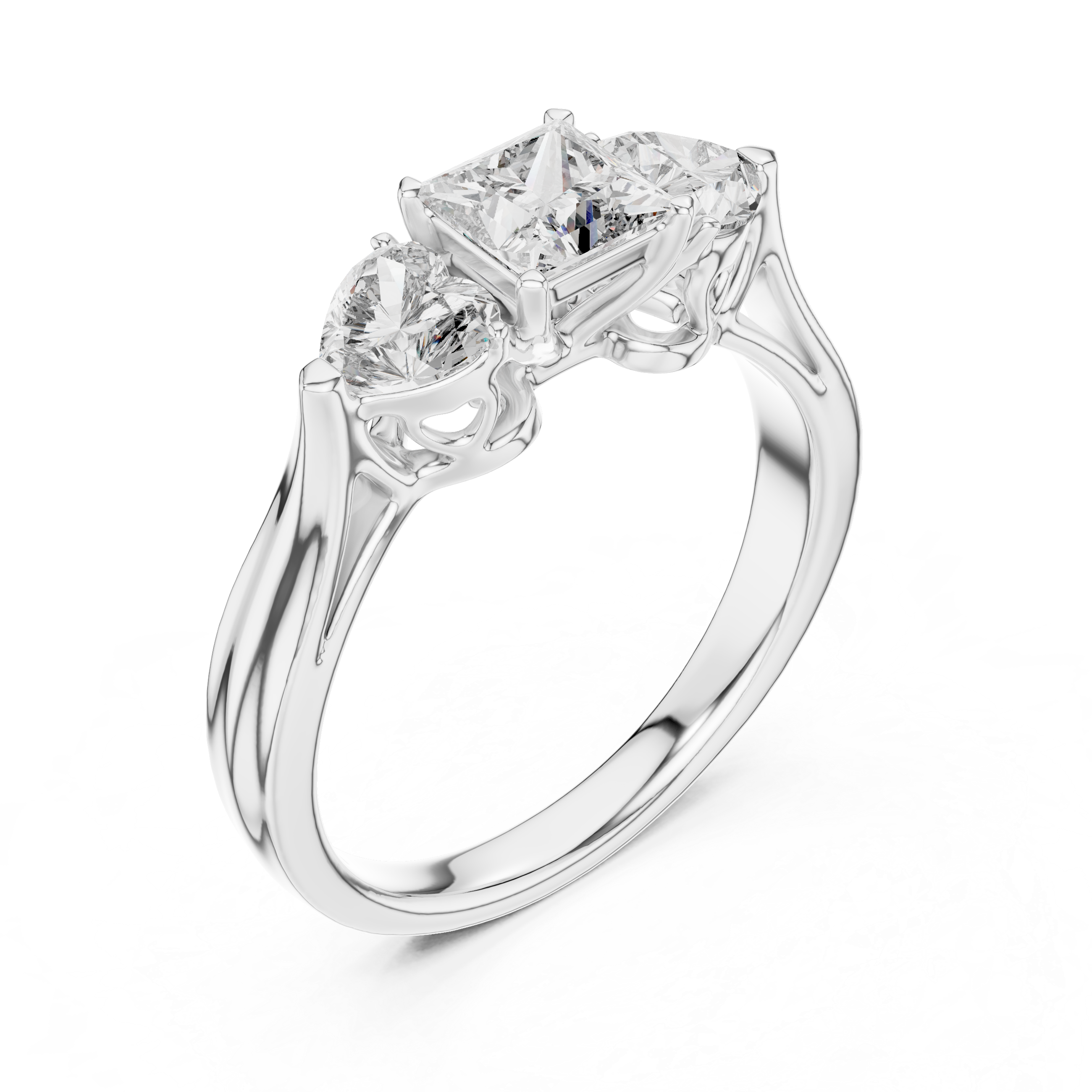 Princess Cut Three Stone Engagement Ring with Heart Side Diamonds