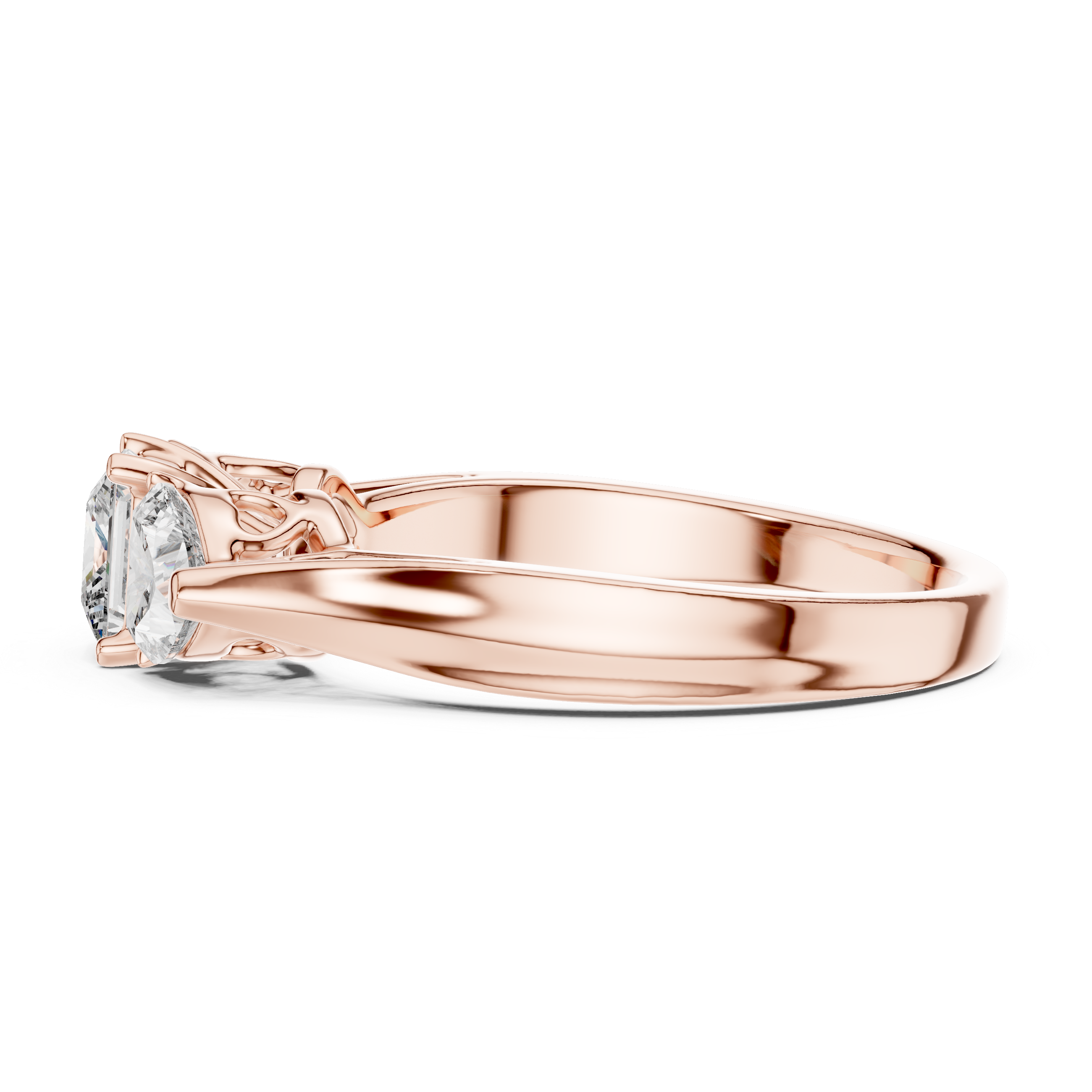 Princess Cut Three Stone Engagement Ring with Heart Side Diamonds