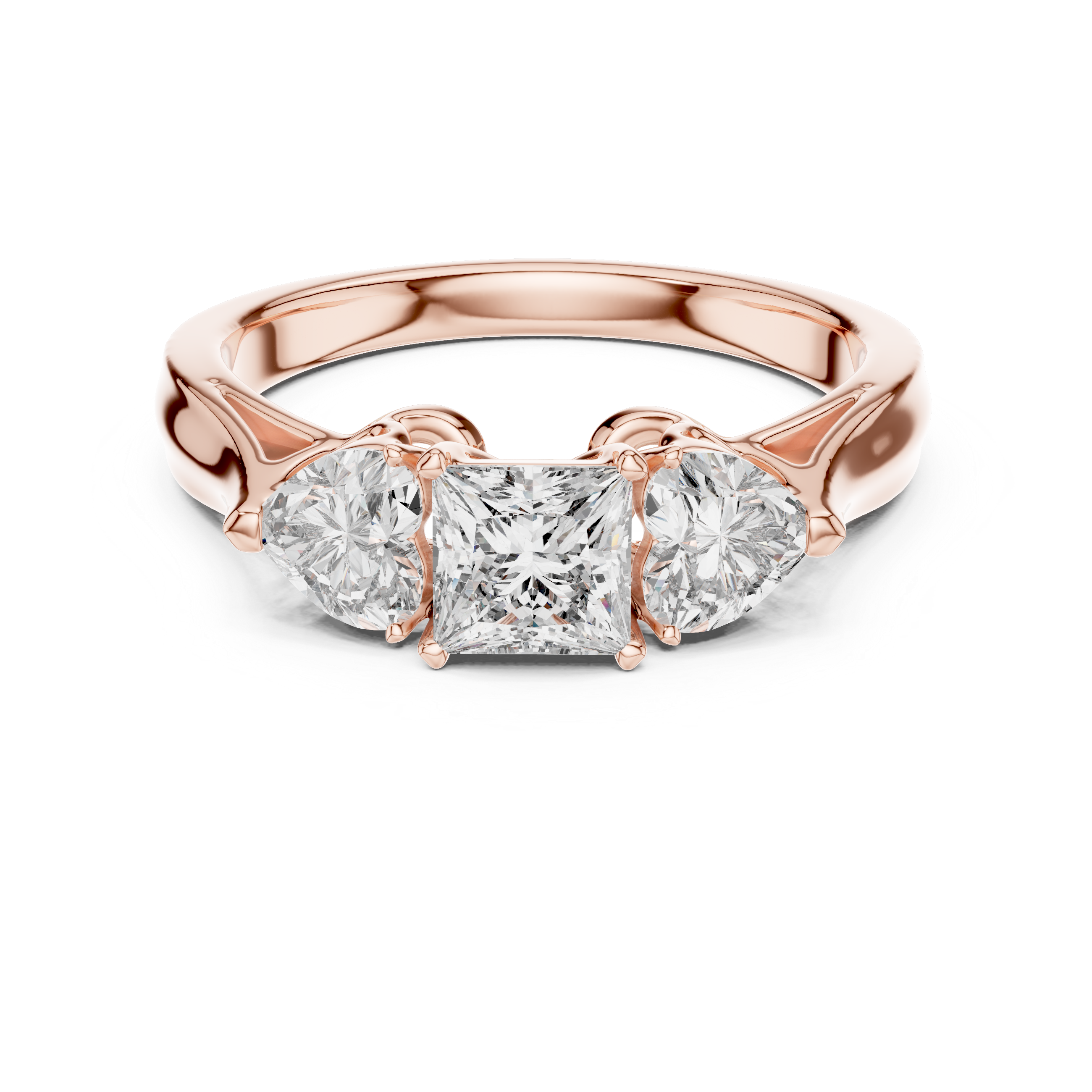 Princess Cut Three Stone Engagement Ring with Heart Side Diamonds