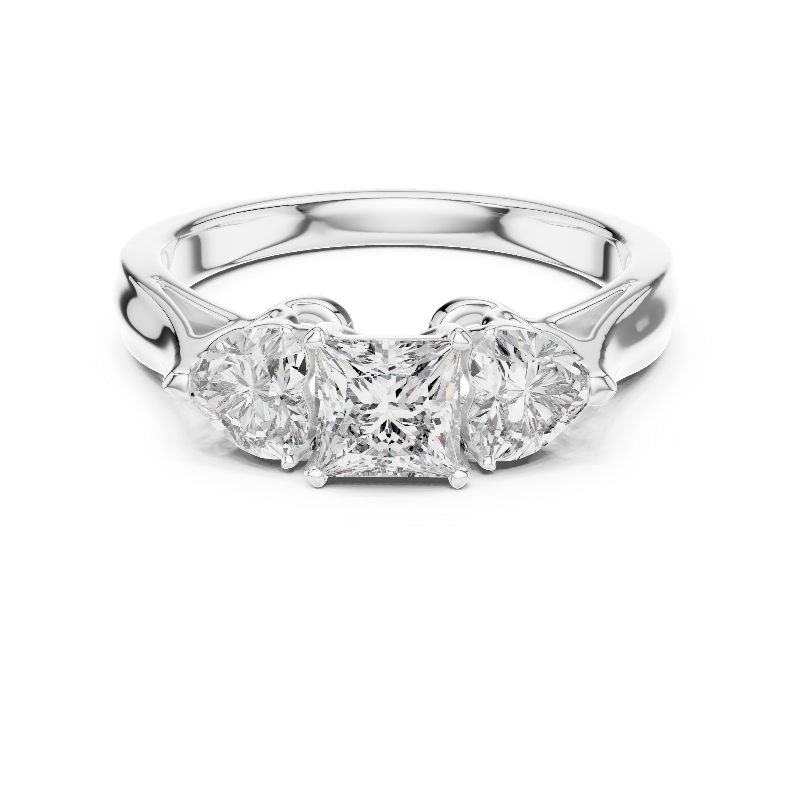 Princess Cut Three Stone Engagement Ring with Heart Side Diamonds