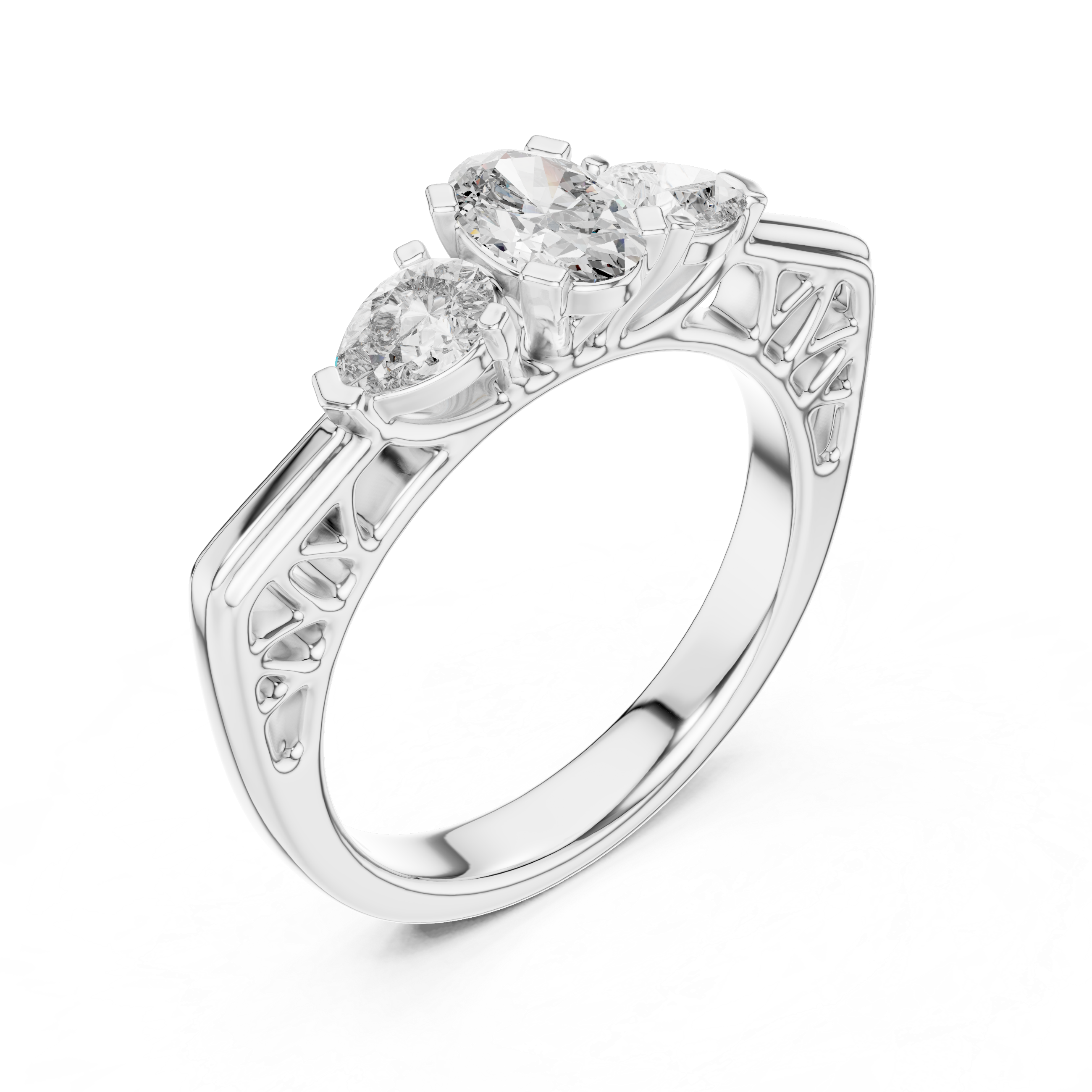 Vintage Oval Three Stone Engagement Ring with Pear Side Diamonds