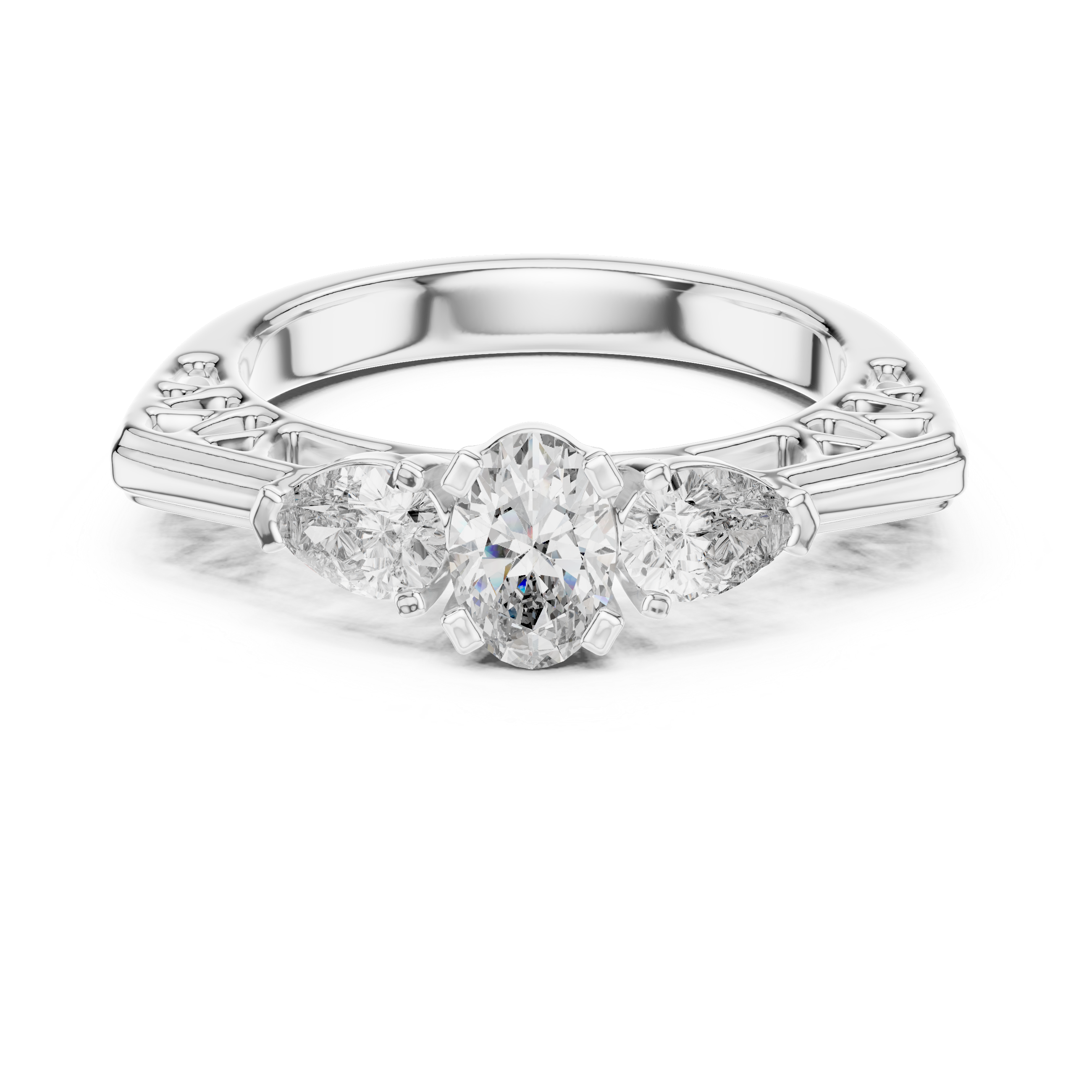 Vintage Oval Three Stone Engagement Ring with Pear Side Diamonds