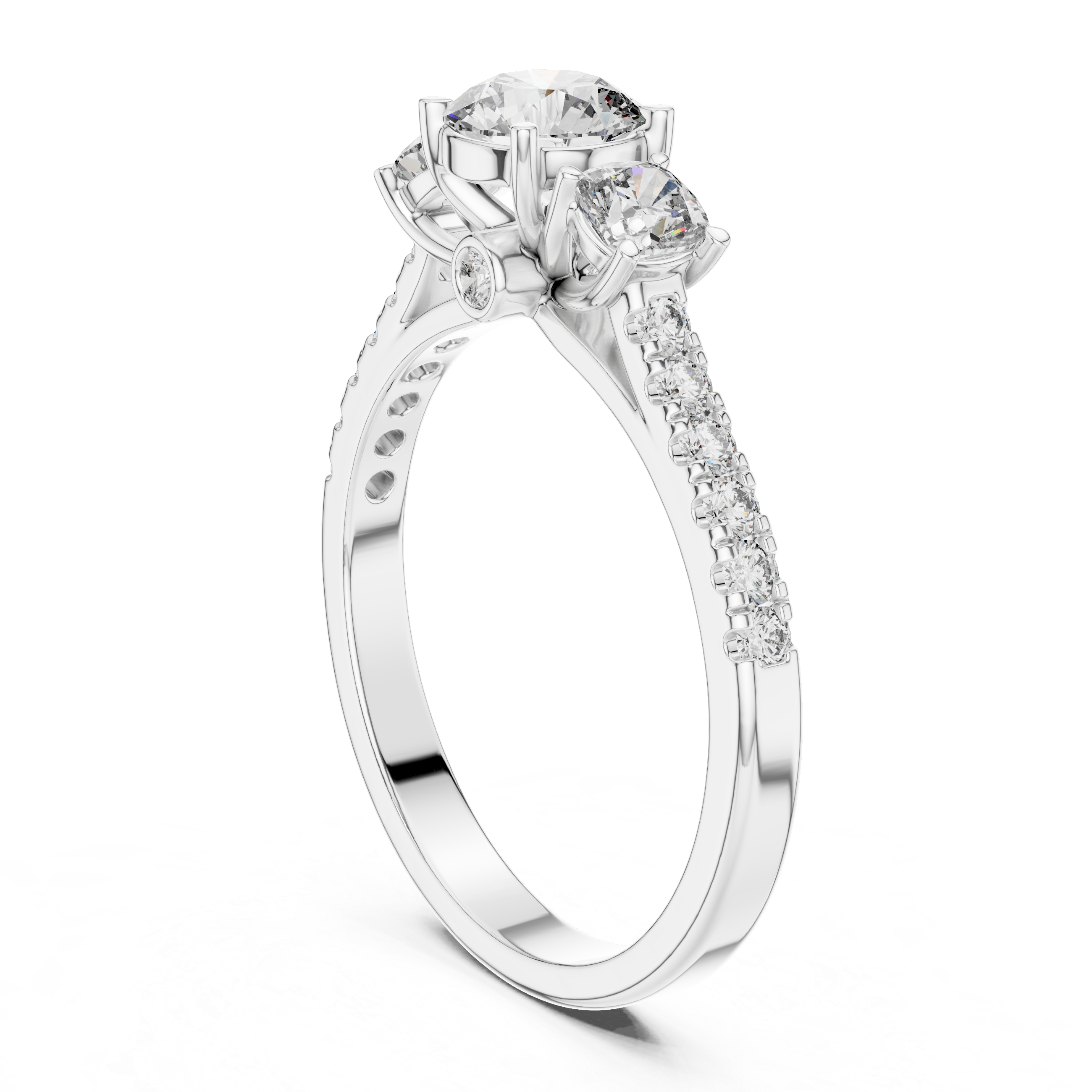 Three Stone Cushion Cut Engagement Ring with Pavé Diamond Band