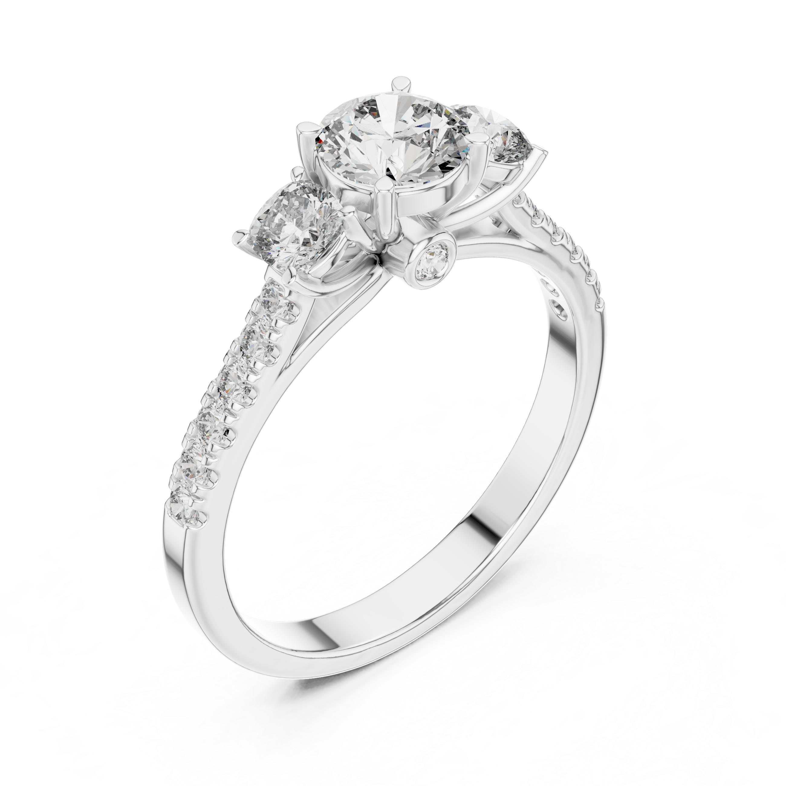 Three Stone Cushion Cut Engagement Ring with Pavé Diamond Band