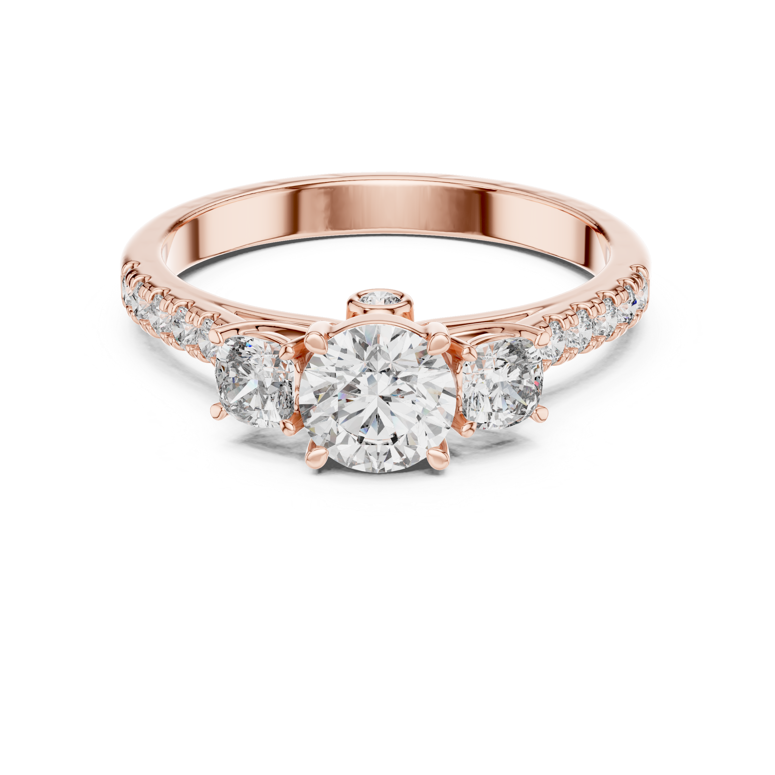 Three Stone Cushion Cut Engagement Ring with Pavé Diamond Band